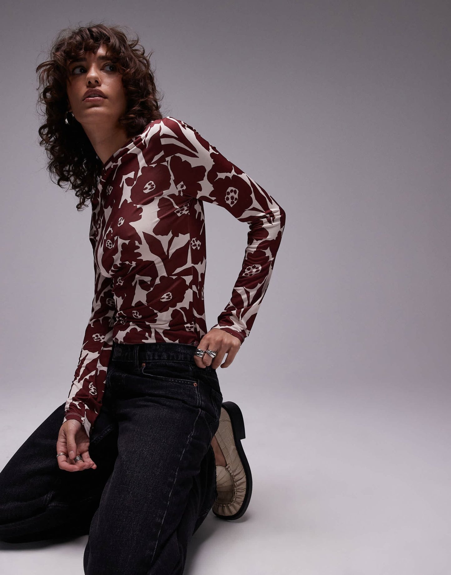 Topshop microfibre all over floral long sleeve top in red - ASOS Sample Sale
