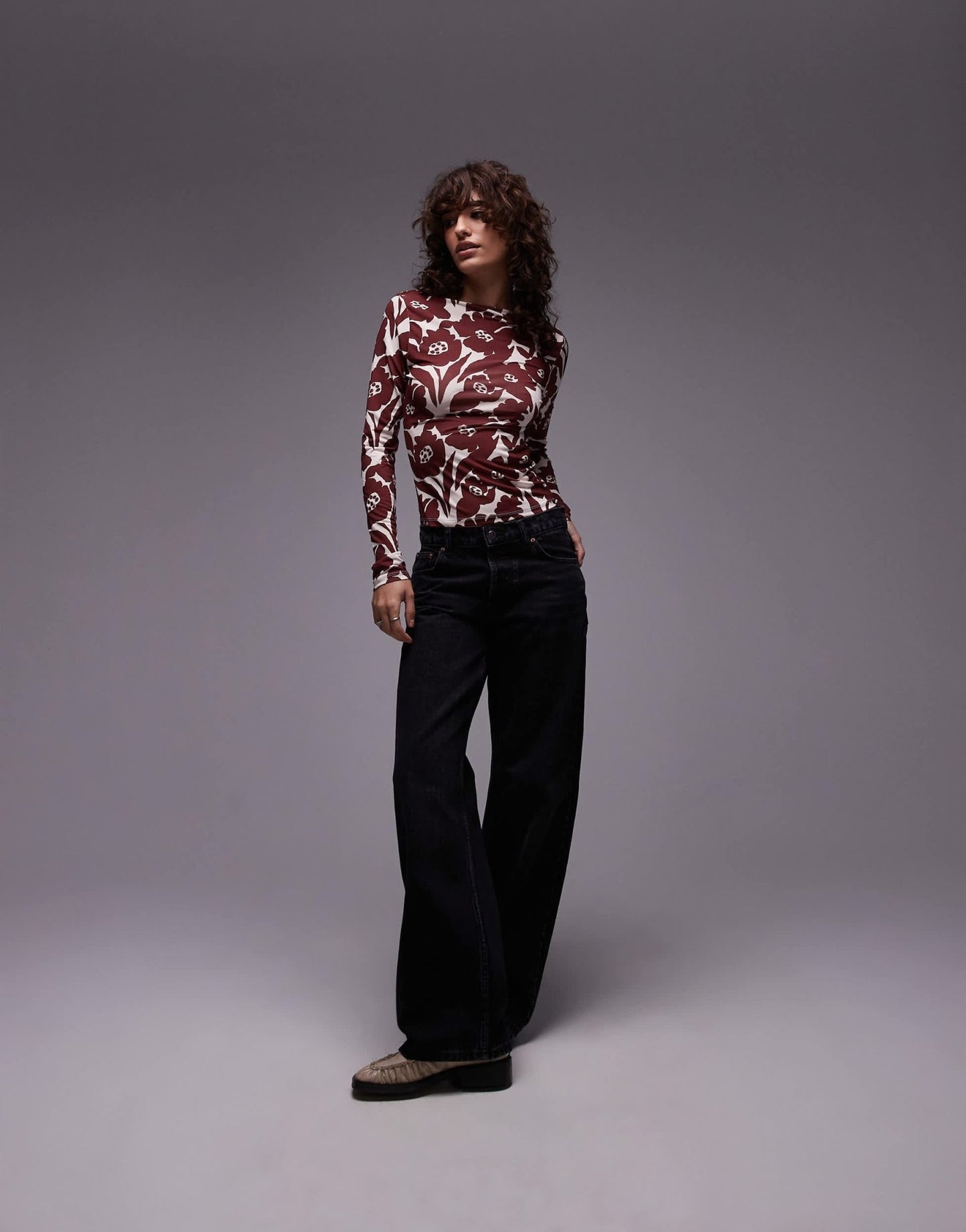 Topshop microfibre all over floral long sleeve top in red - ASOS Sample Sale