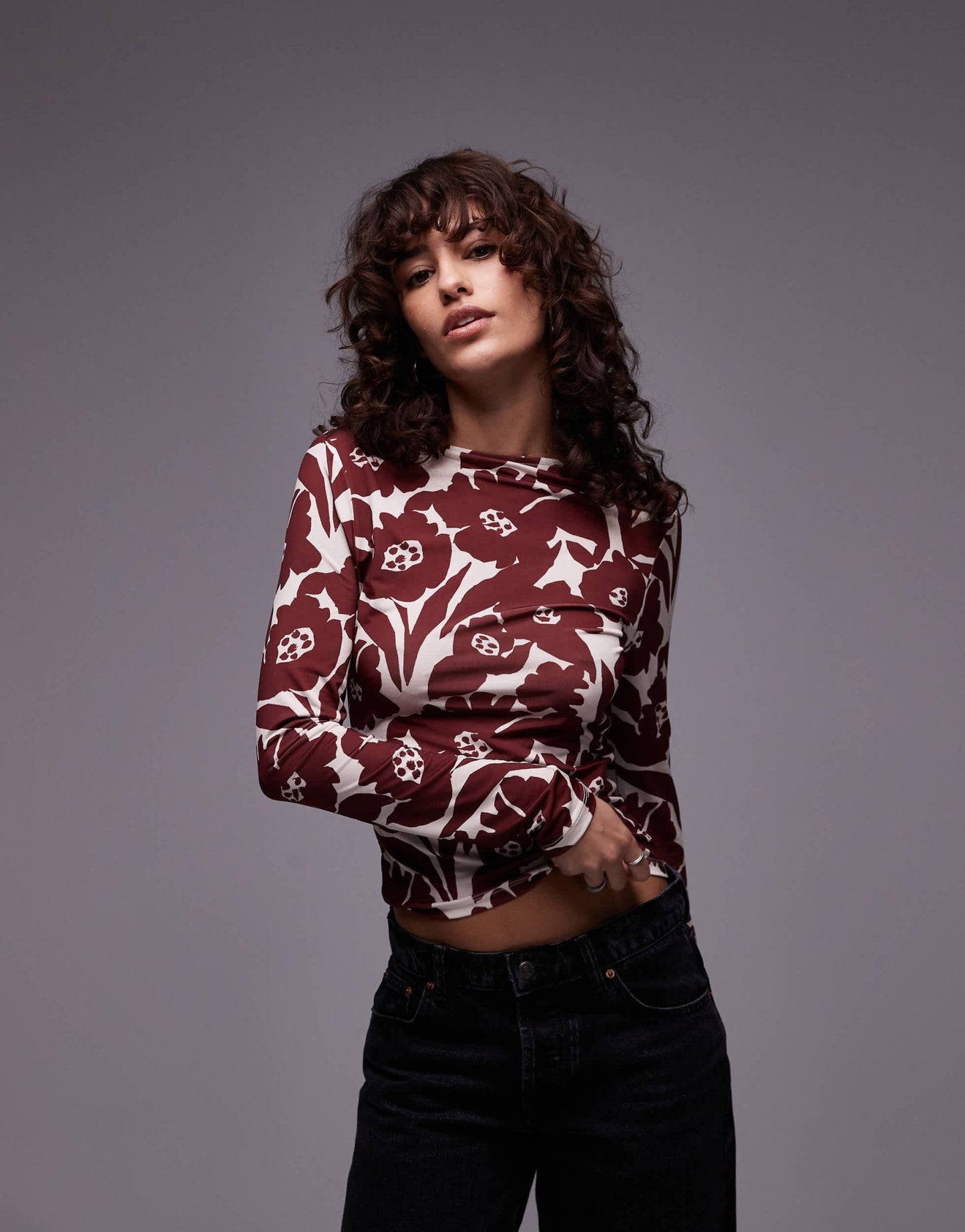 Topshop microfibre all over floral long sleeve top in red - ASOS Sample Sale