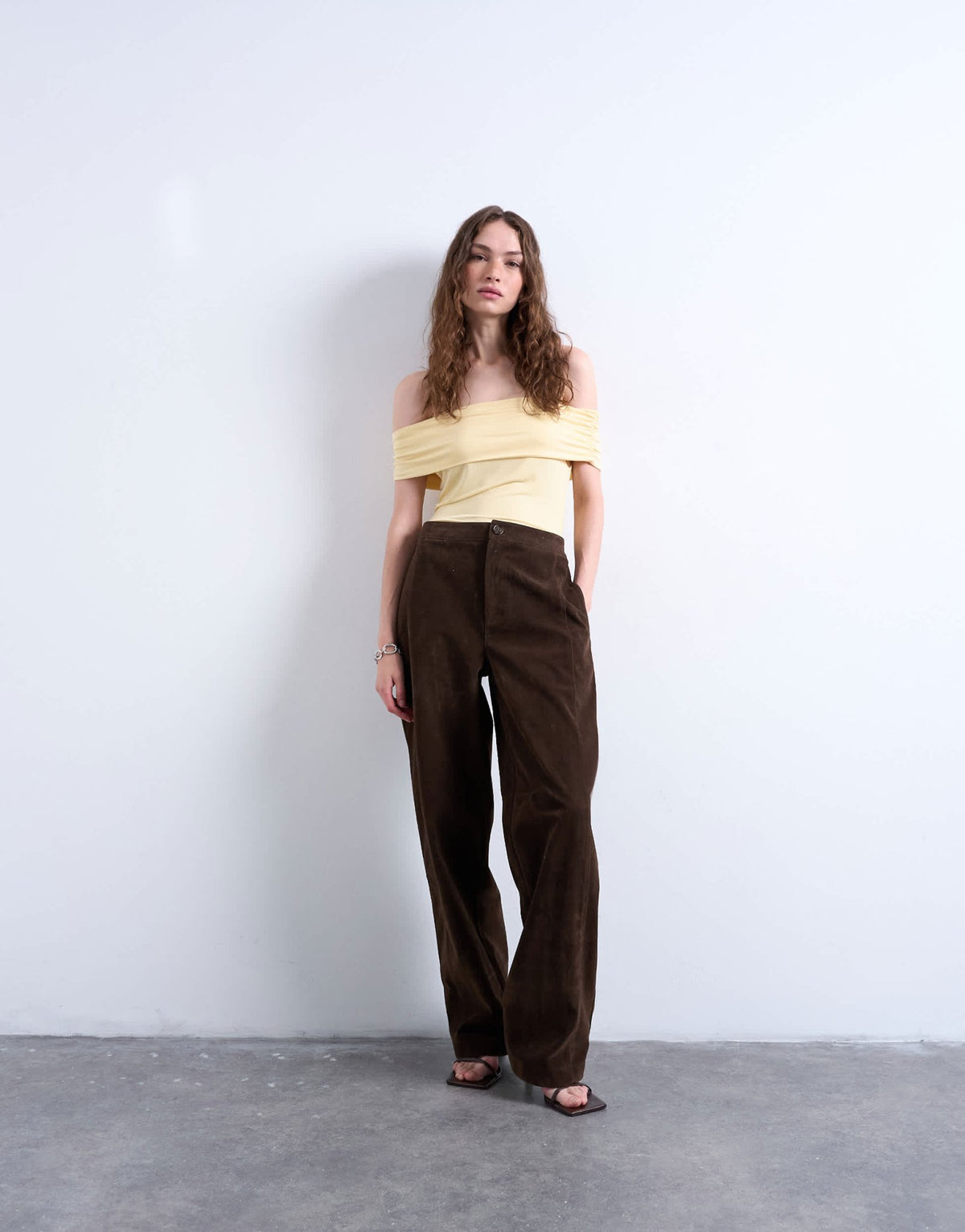 Topshop microfibre deep fold bardot top in buttermilk - ASOS Sample Sale