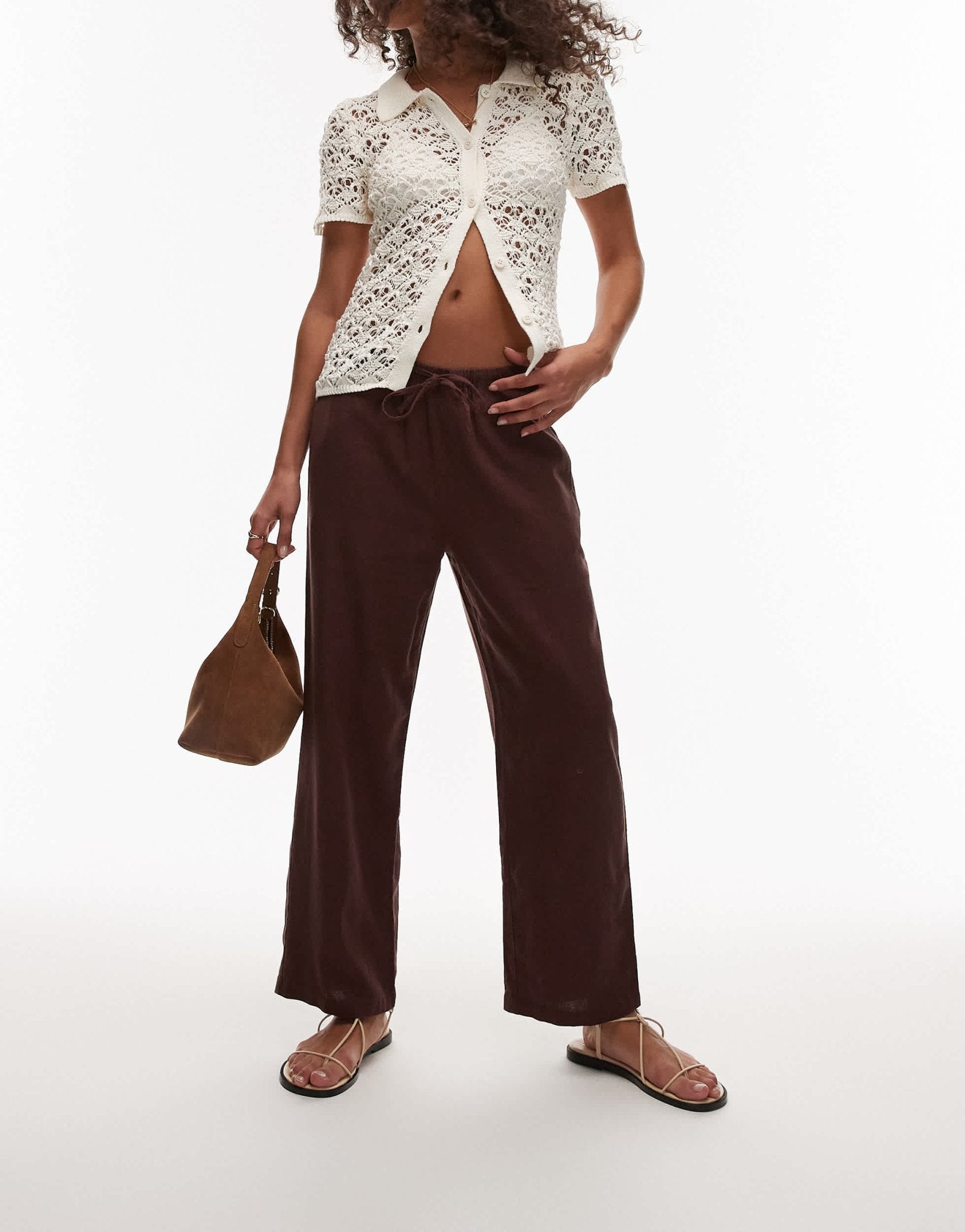 Topshop mid rise linen awkward length trouser in chocolate - ASOS Sample Sale