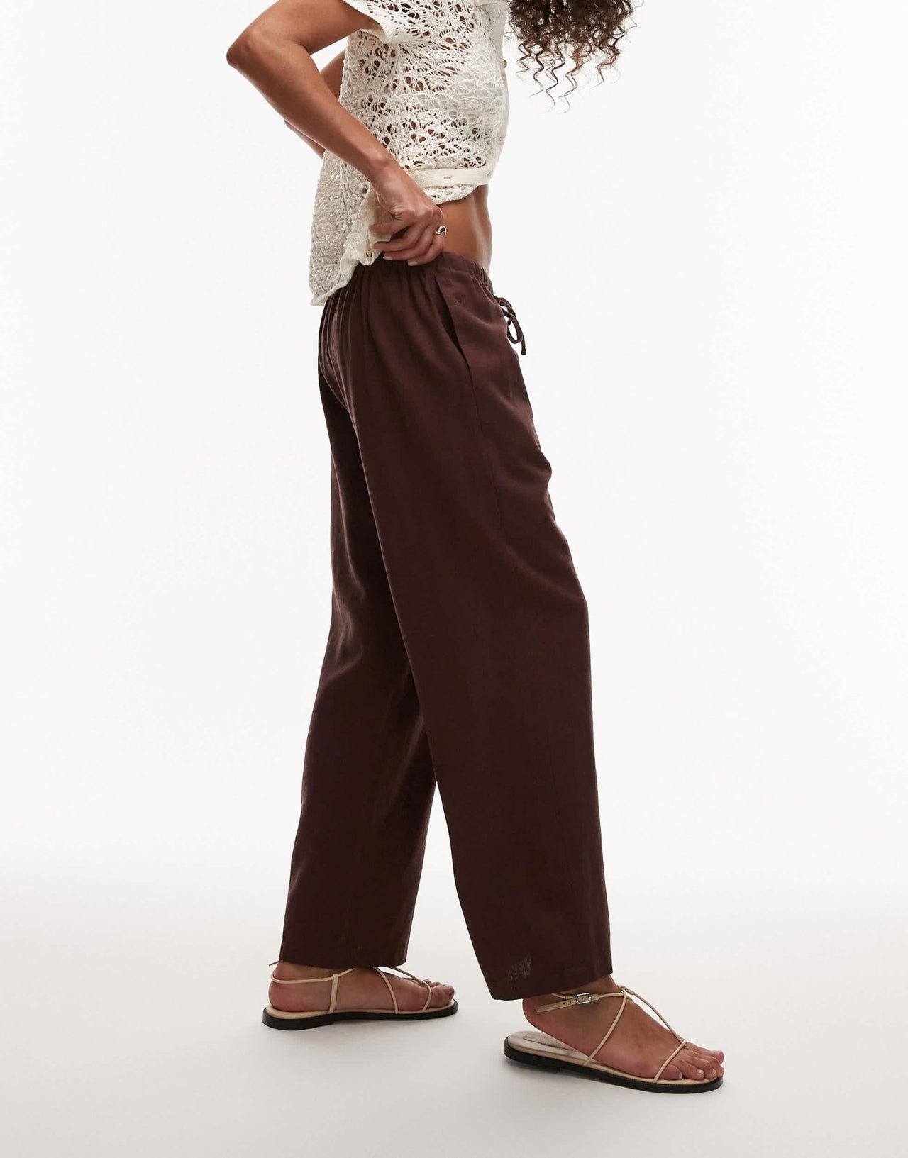 Topshop mid rise linen awkward length trouser in chocolate - ASOS Sample Sale