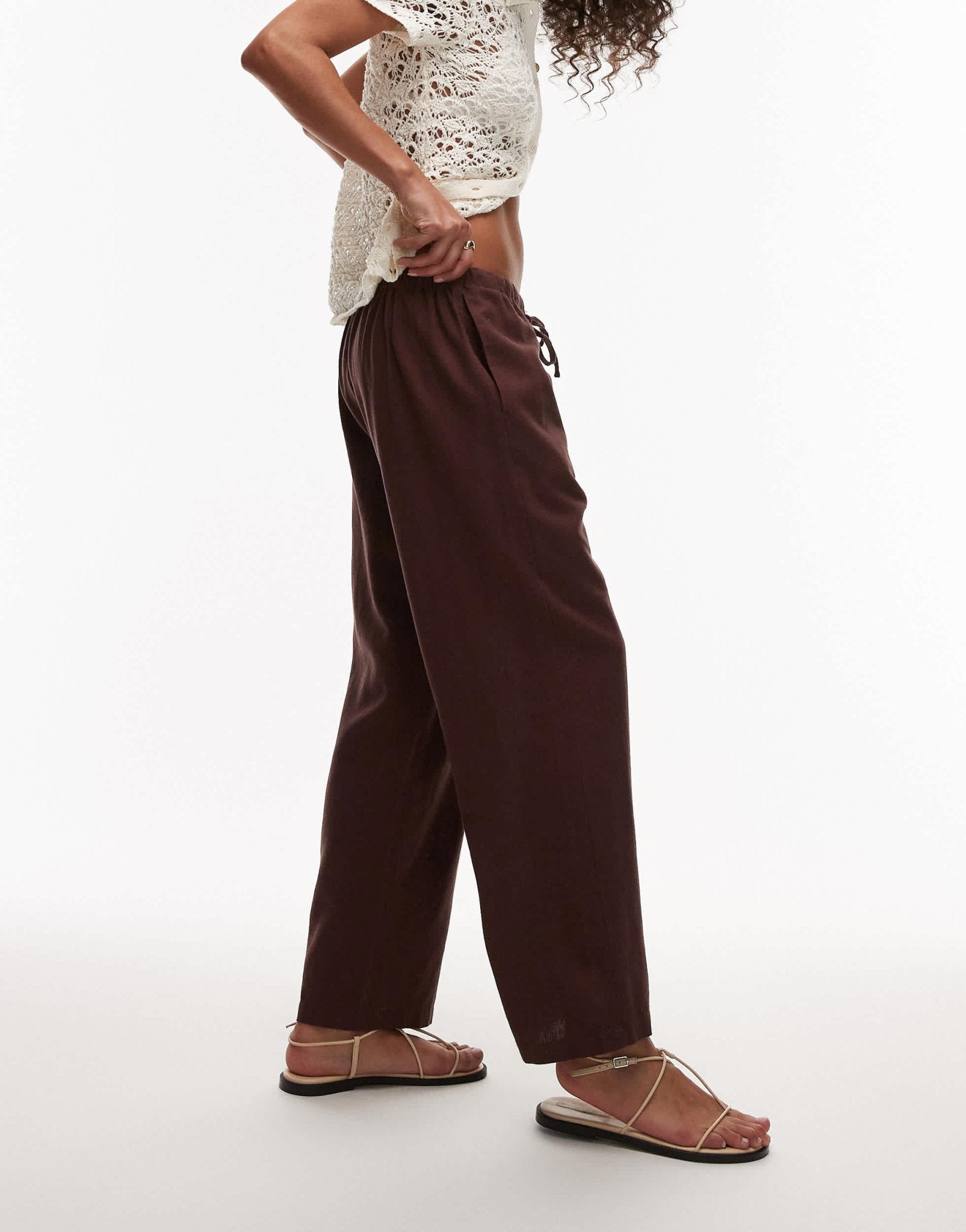 Topshop mid rise linen awkward length trouser in chocolate - ASOS Sample Sale