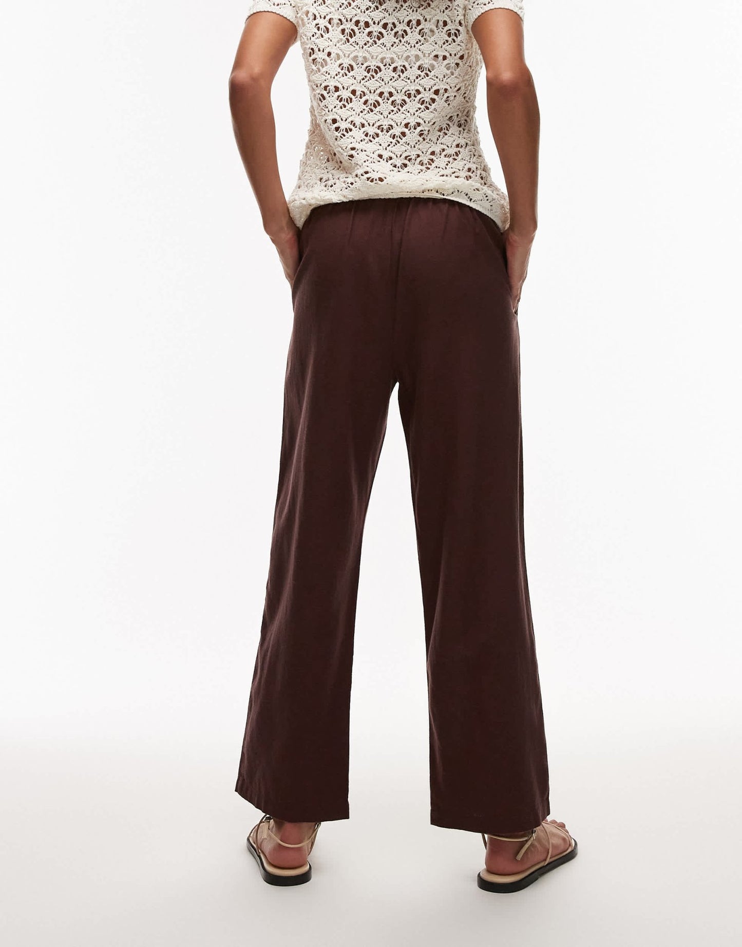 Topshop mid rise linen awkward length trouser in chocolate - ASOS Sample Sale