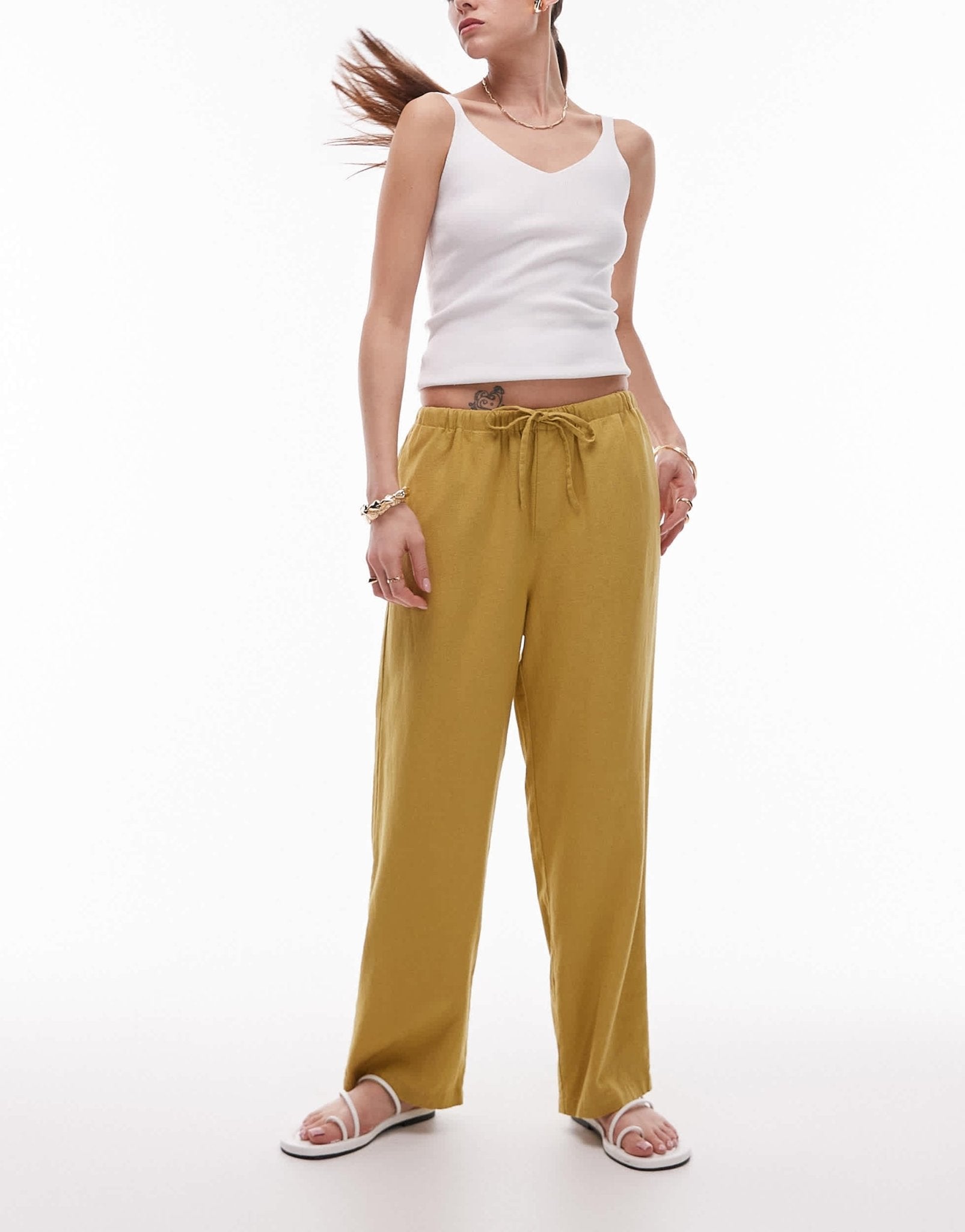 Topshop mid rise linen awkward length trouser in lime green - ASOS Sample Sale