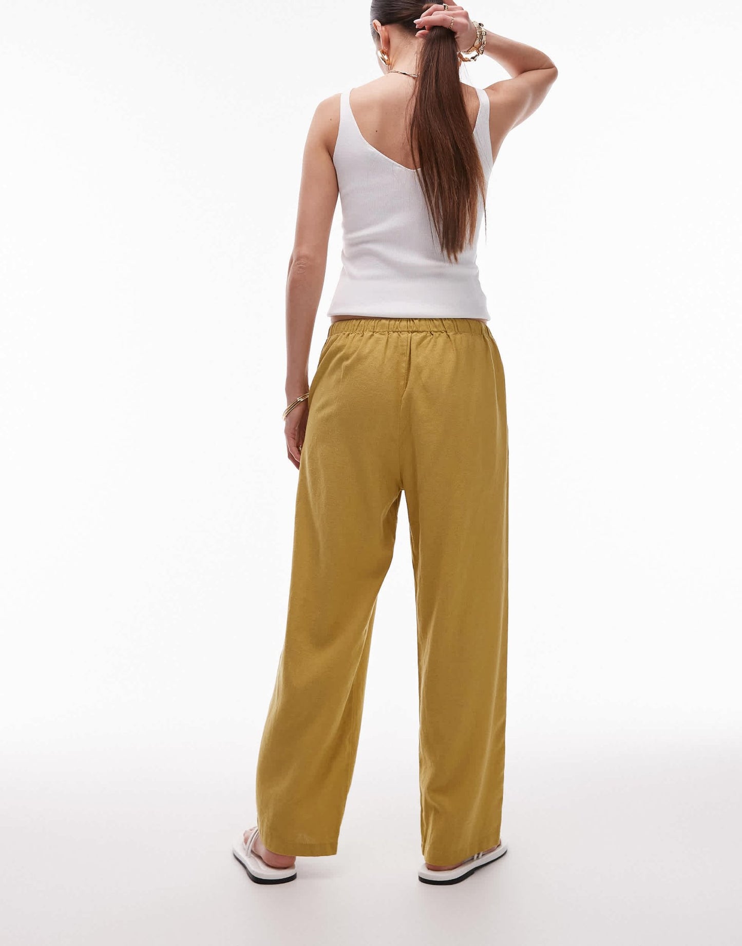 Topshop mid rise linen awkward length trouser in lime green - ASOS Sample Sale