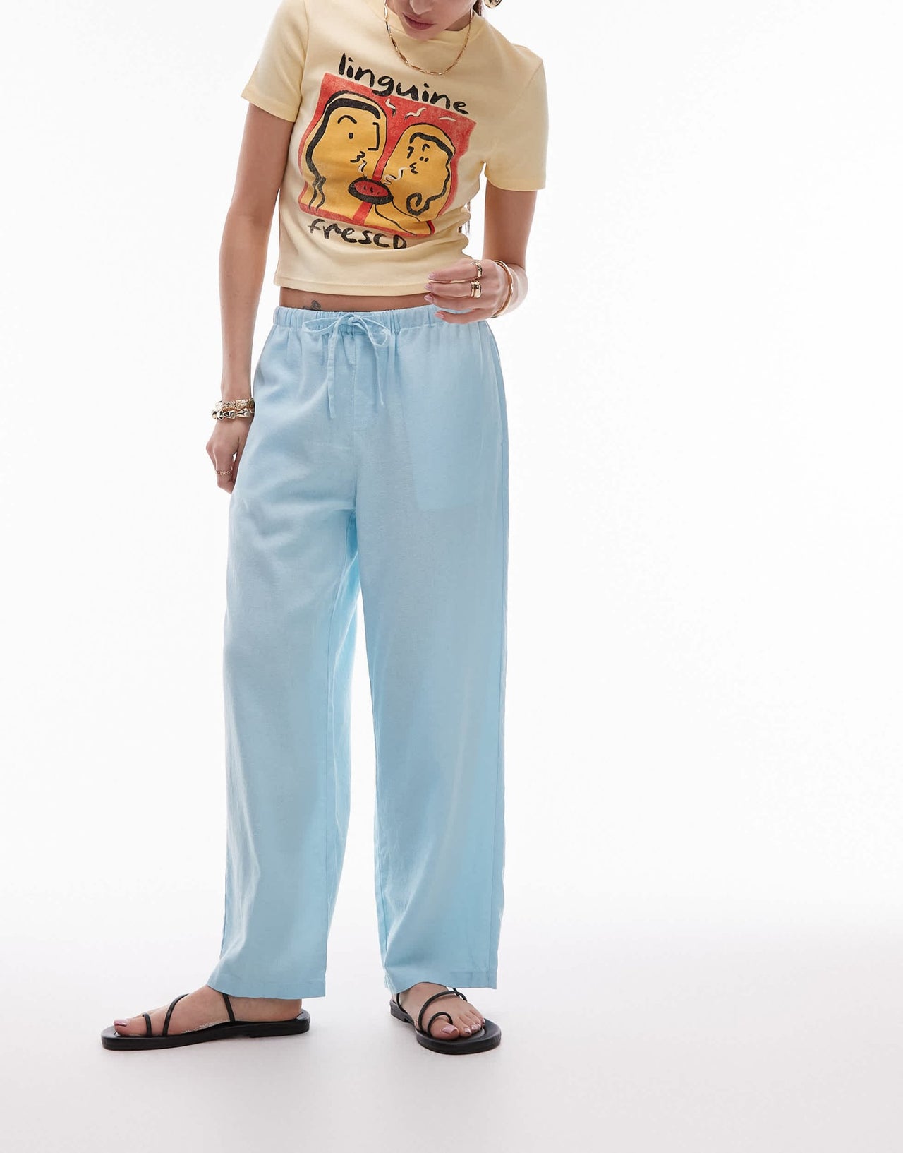 Topshop mid rise linen awkward length trouser in powder blue - ASOS Sample Sale