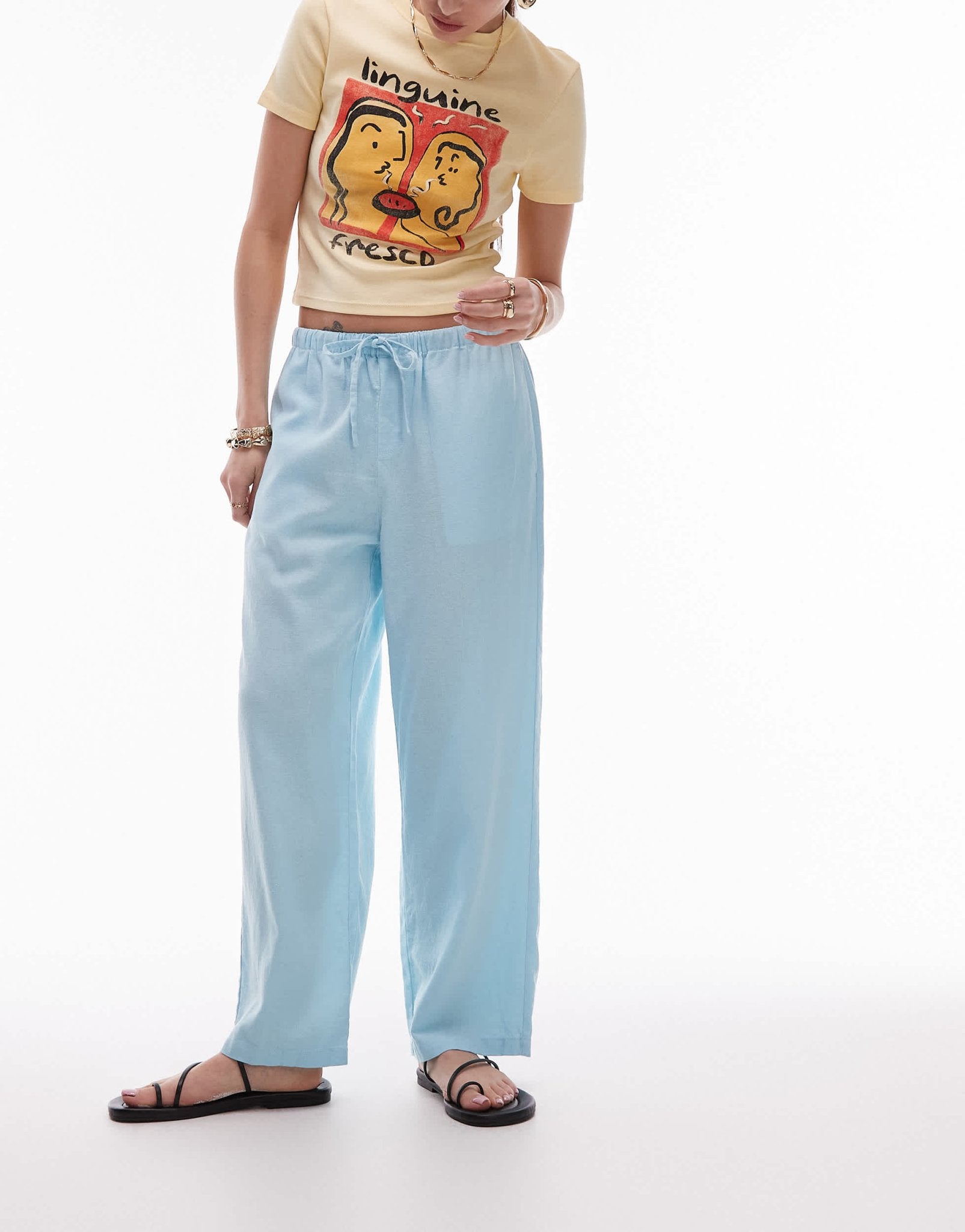 Topshop mid rise linen awkward length trouser in powder blue - ASOS Sample Sale