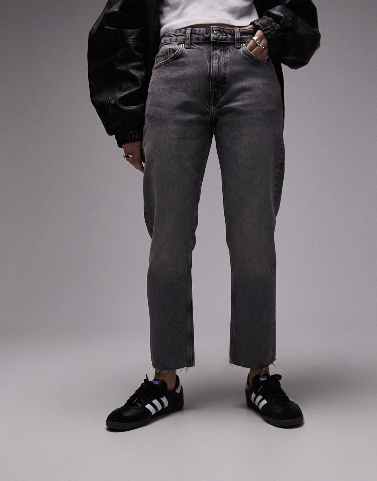 Topshop mid rise straight cropped jean with raw hems in grey - ASOS Sample Sale
