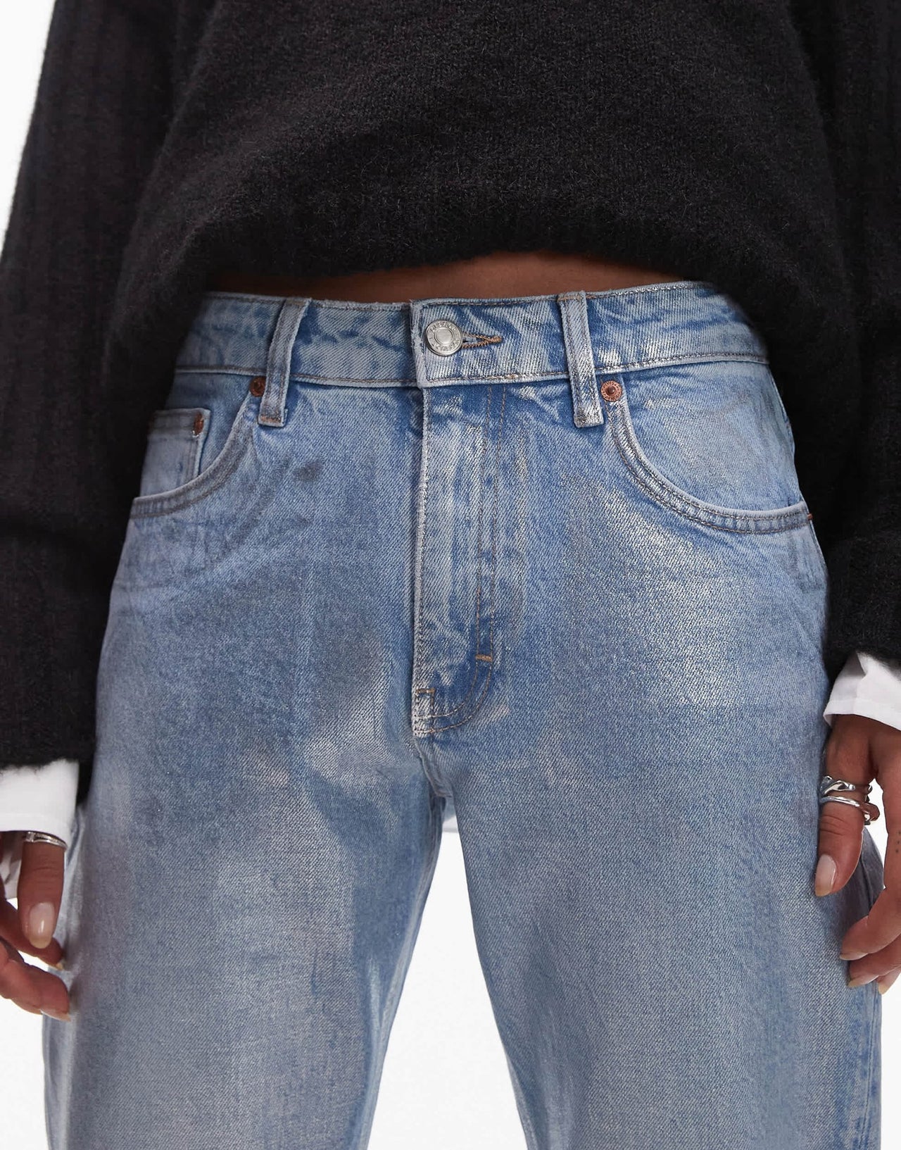 Topshop mid rise straight cropped silver foil jean in bleach - ASOS Sample Sale