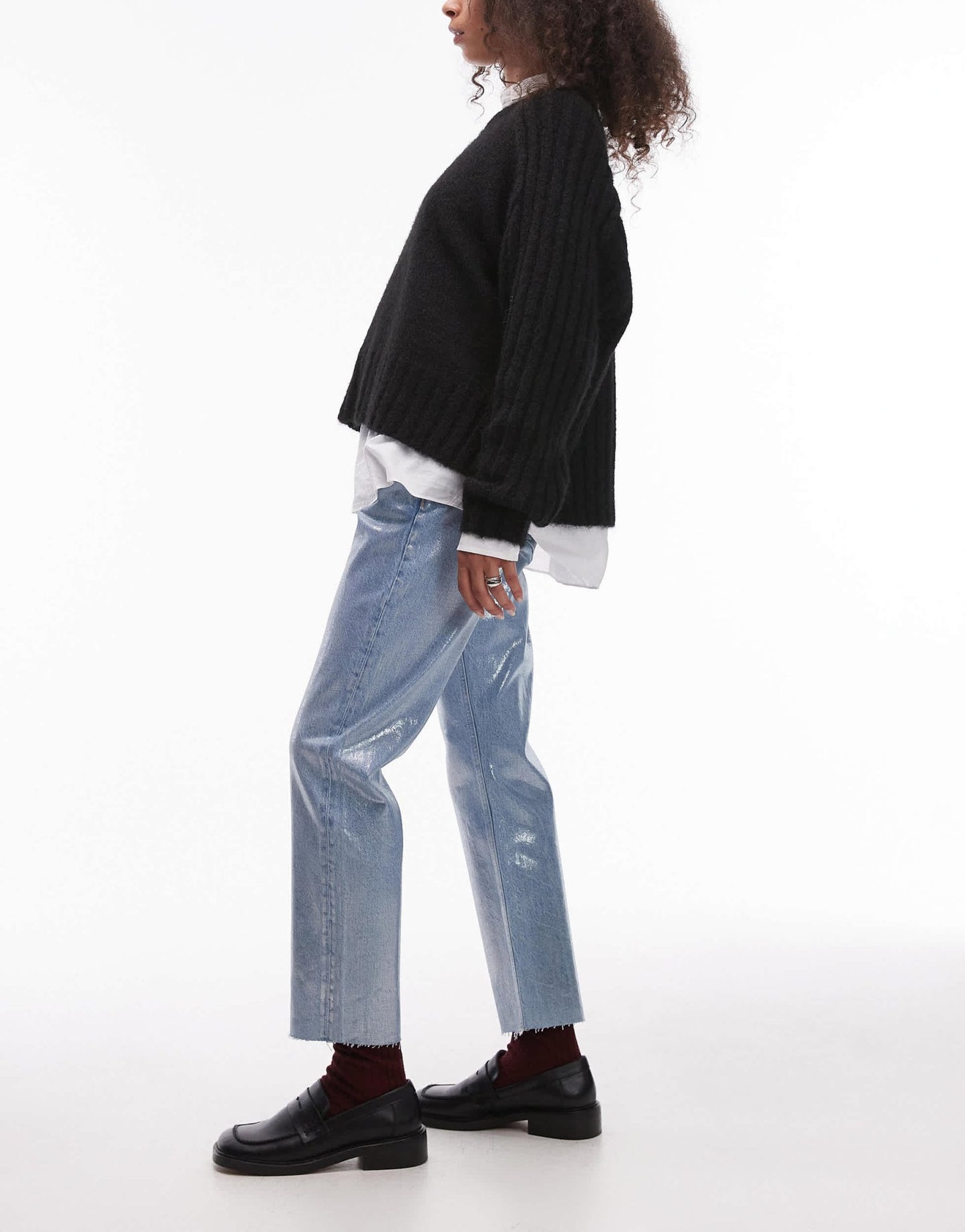 Topshop mid rise straight cropped silver foil jean in bleach - ASOS Sample Sale