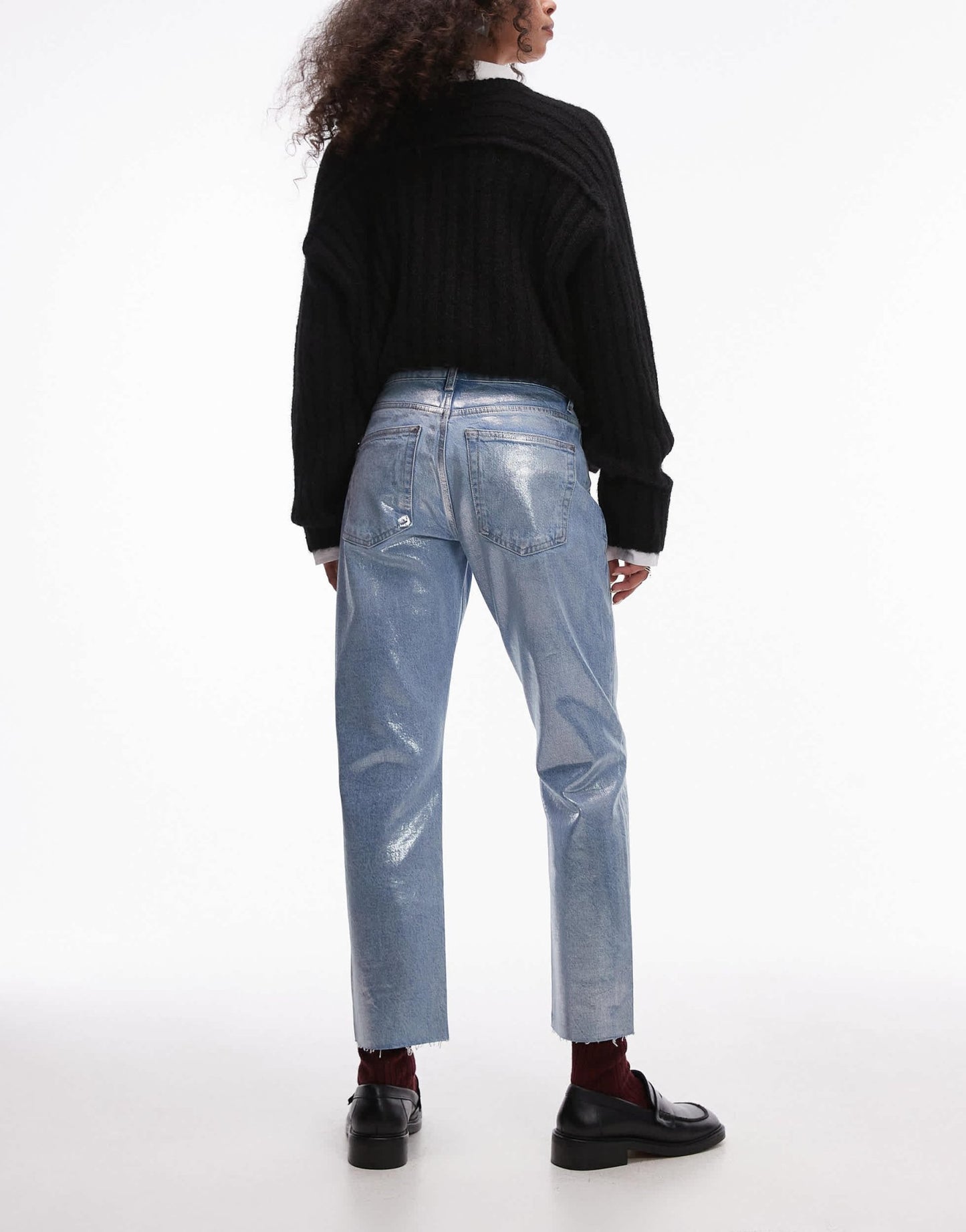 Topshop mid rise straight cropped silver foil jean in bleach - ASOS Sample Sale