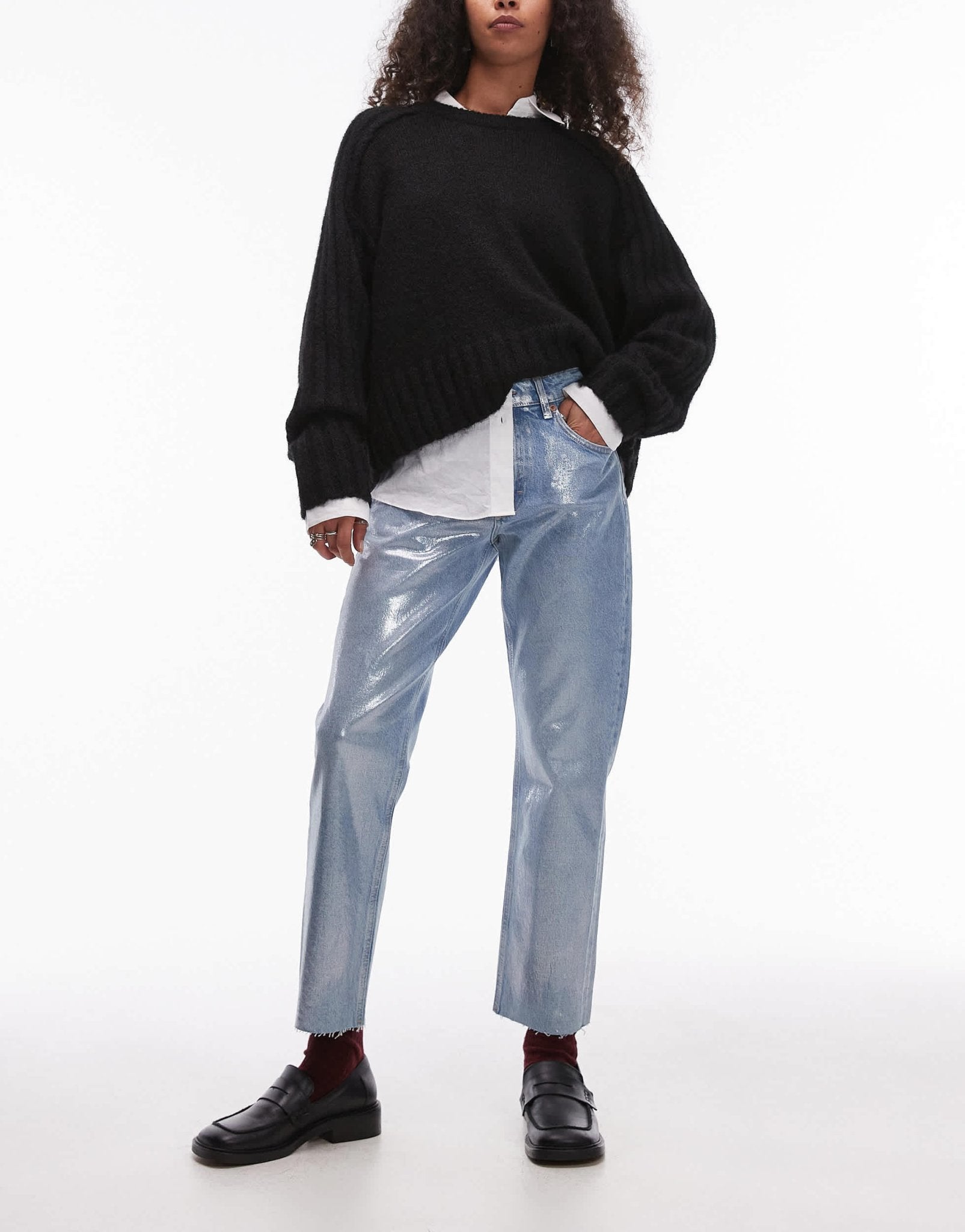 Topshop mid rise straight cropped silver foil jean in bleach - ASOS Sample Sale