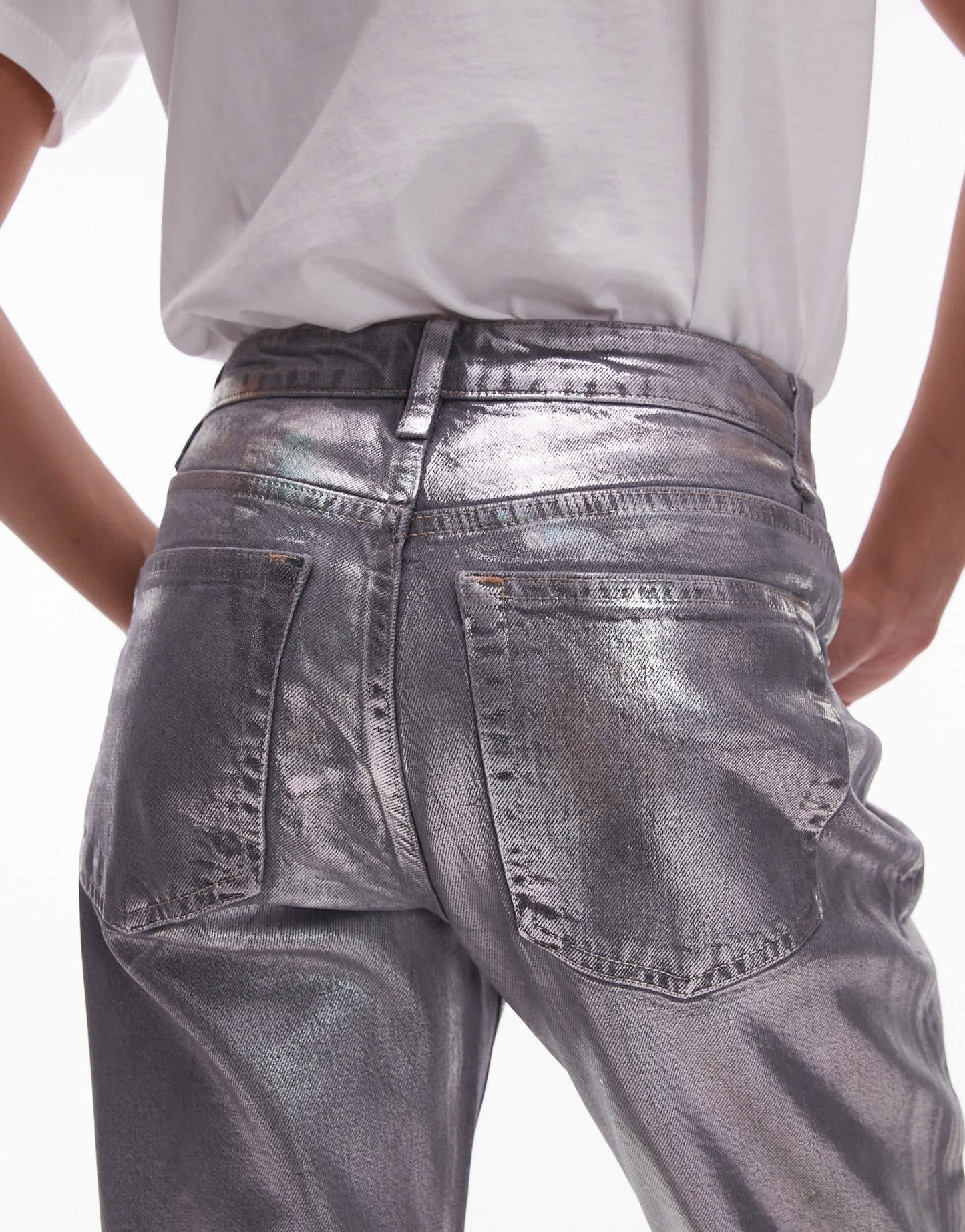 Topshop mid rise straight cropped silver foil jean in grey - ASOS Sample Sale