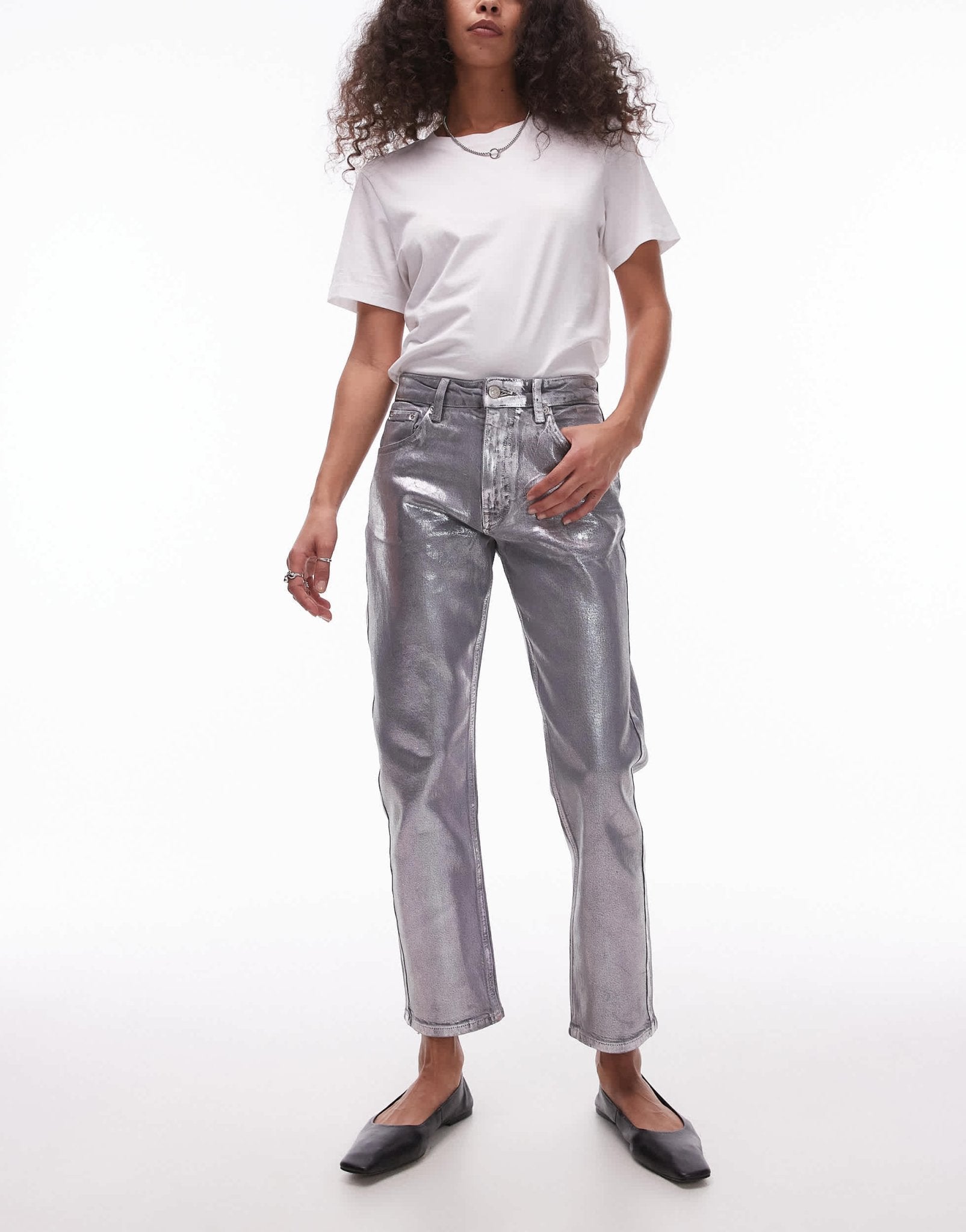 Topshop mid rise straight cropped silver foil jean in grey - ASOS Sample Sale