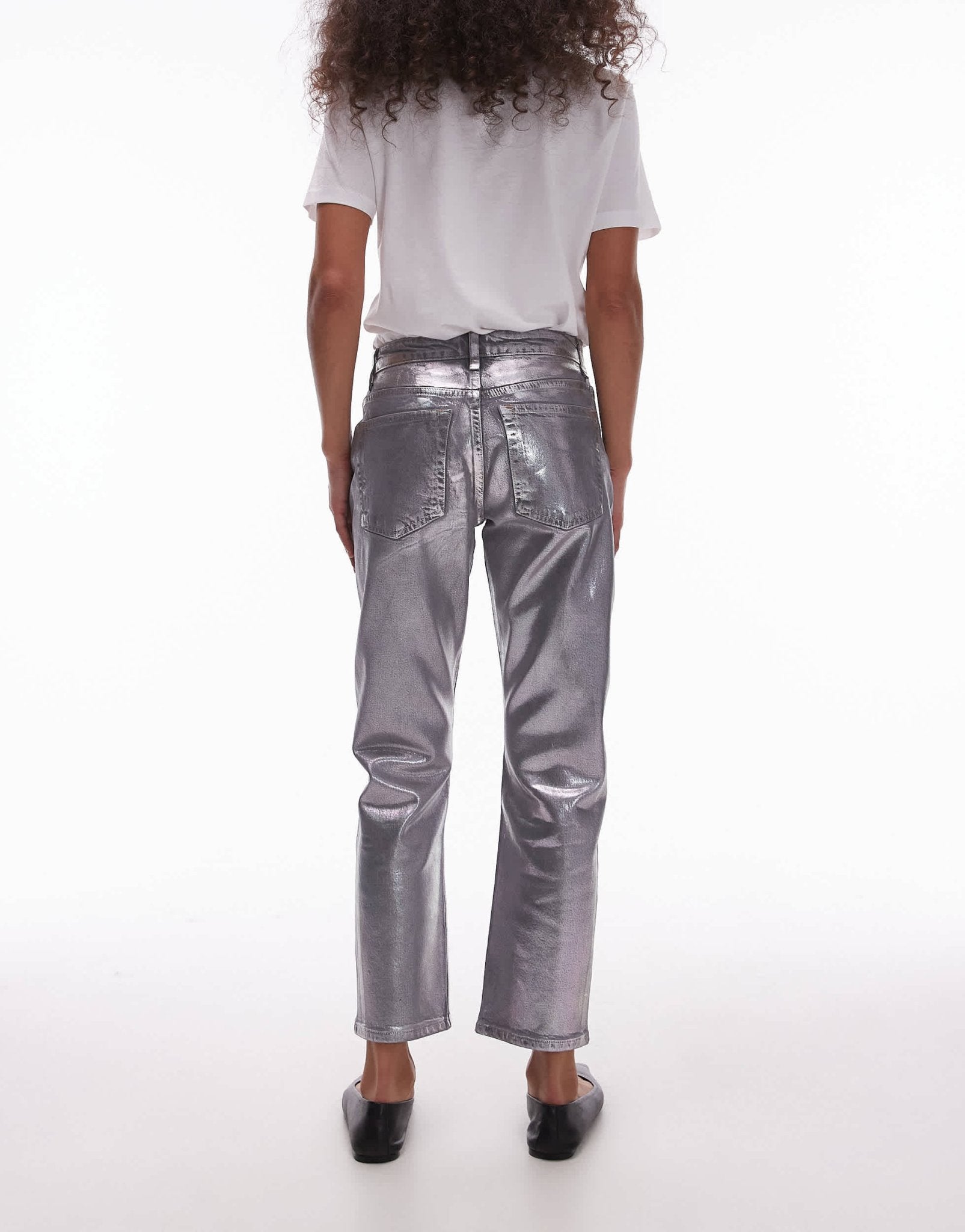 Topshop mid rise straight cropped silver foil jean in grey - ASOS Sample Sale
