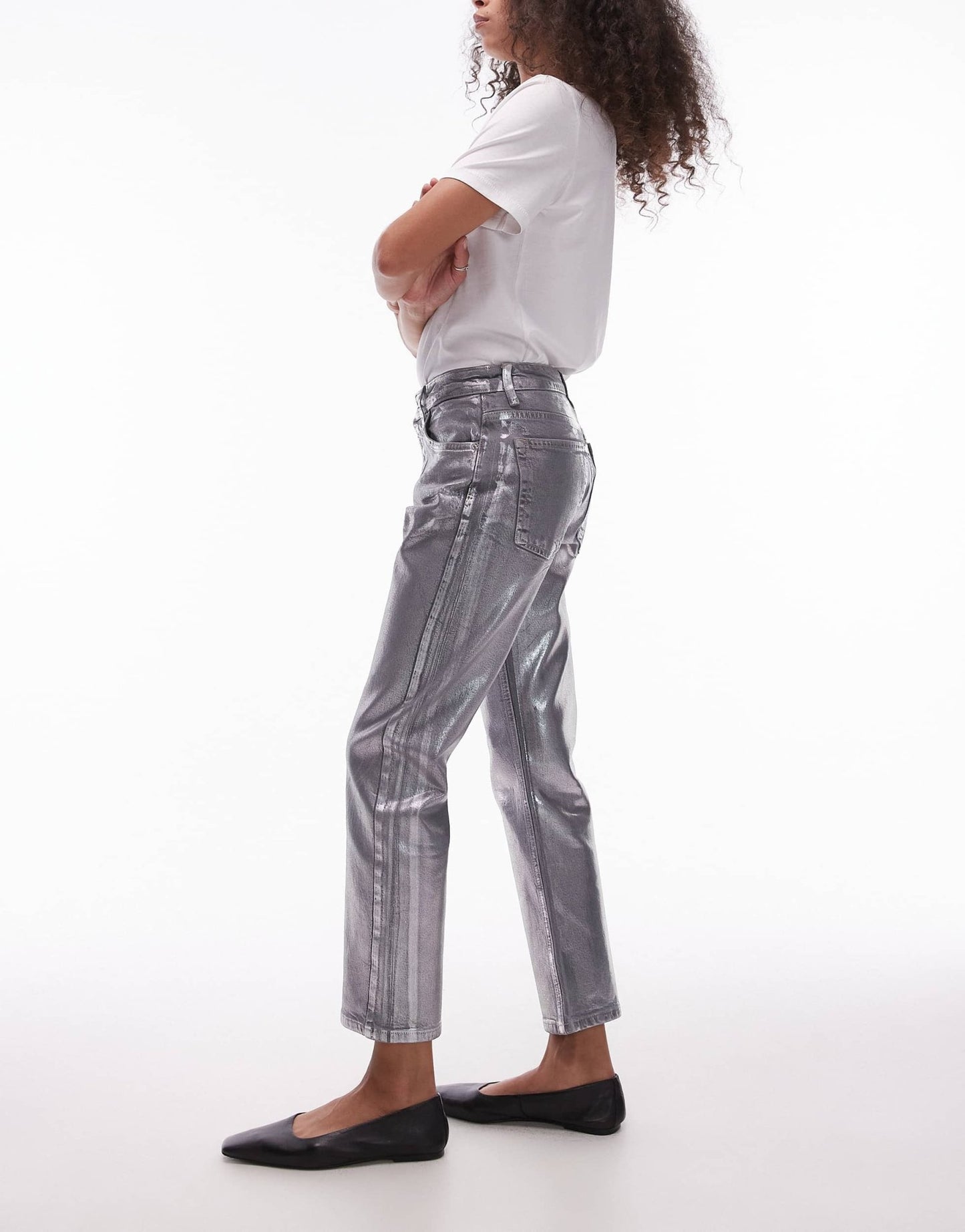 Topshop mid rise straight cropped silver foil jean in grey - ASOS Sample Sale
