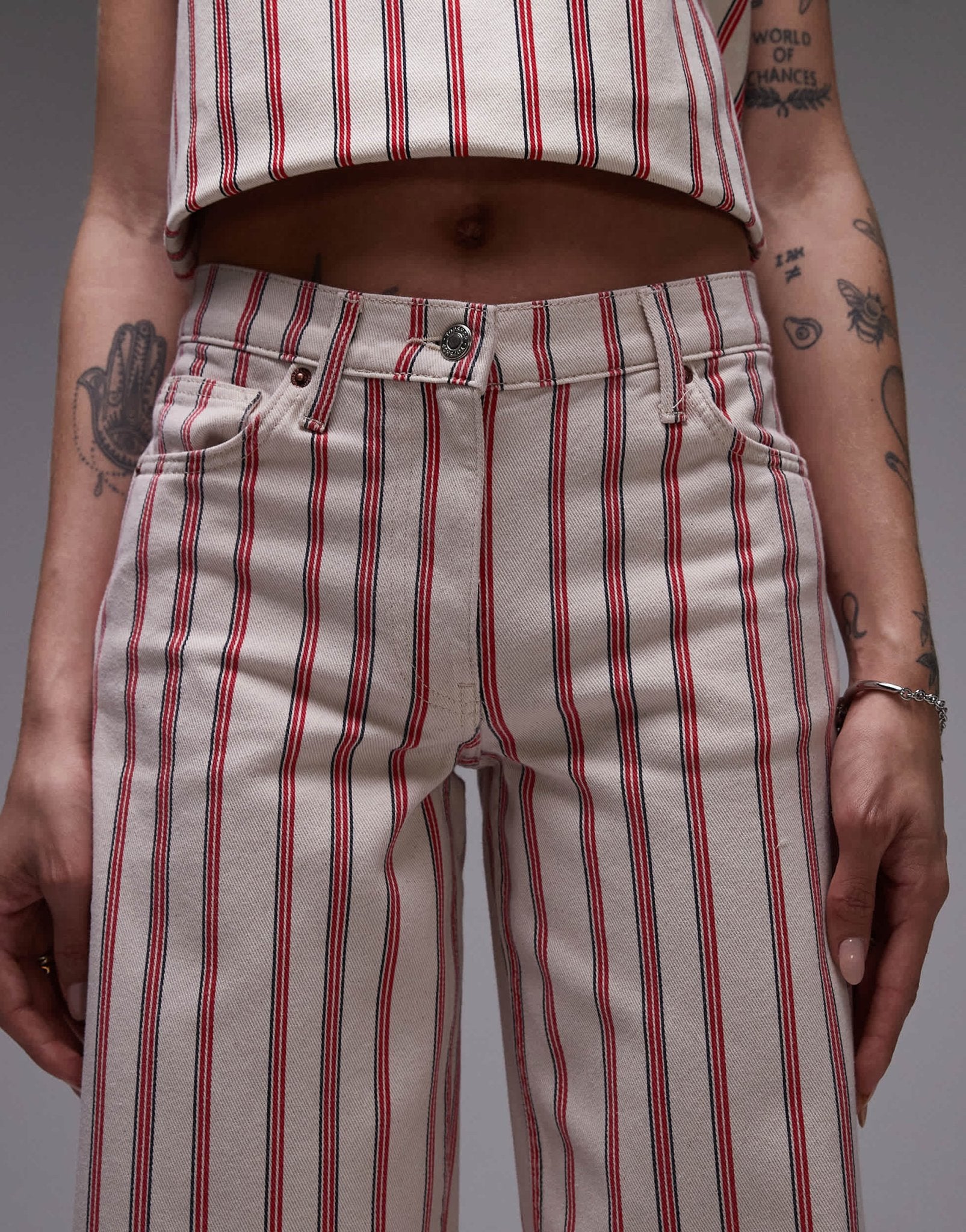 Topshop mid rise wide leg jean in red stripe - ASOS Sample Sale