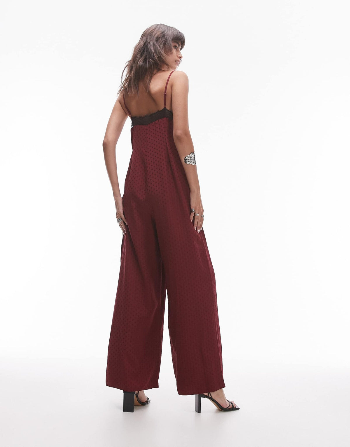 Topshop midi jacquard jumpsuit in burgundy with black lace bust dress - ASOS Sample Sale