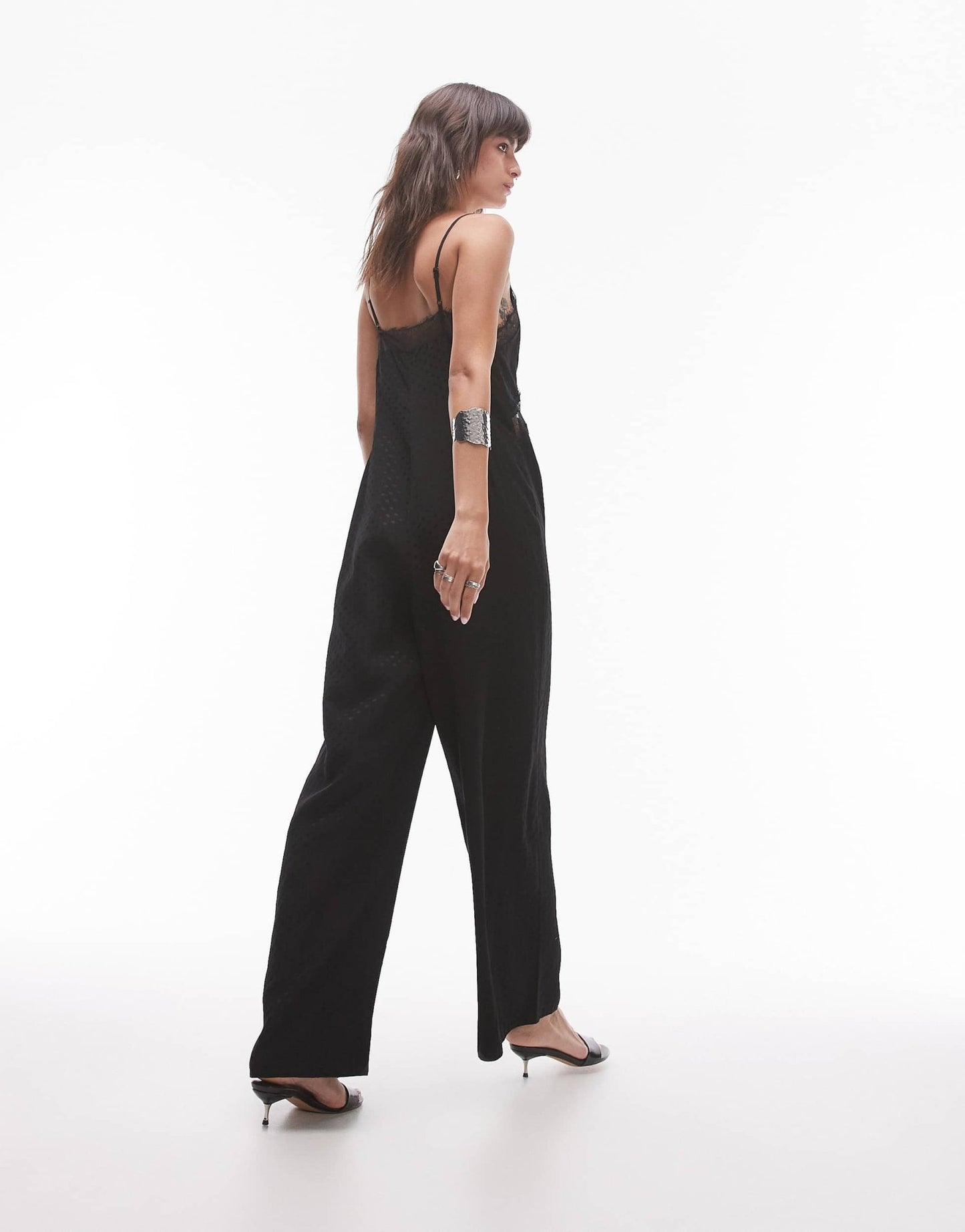 Topshop midi jacquard jumpsuit with lace bust in black - ASOS Sample Sale