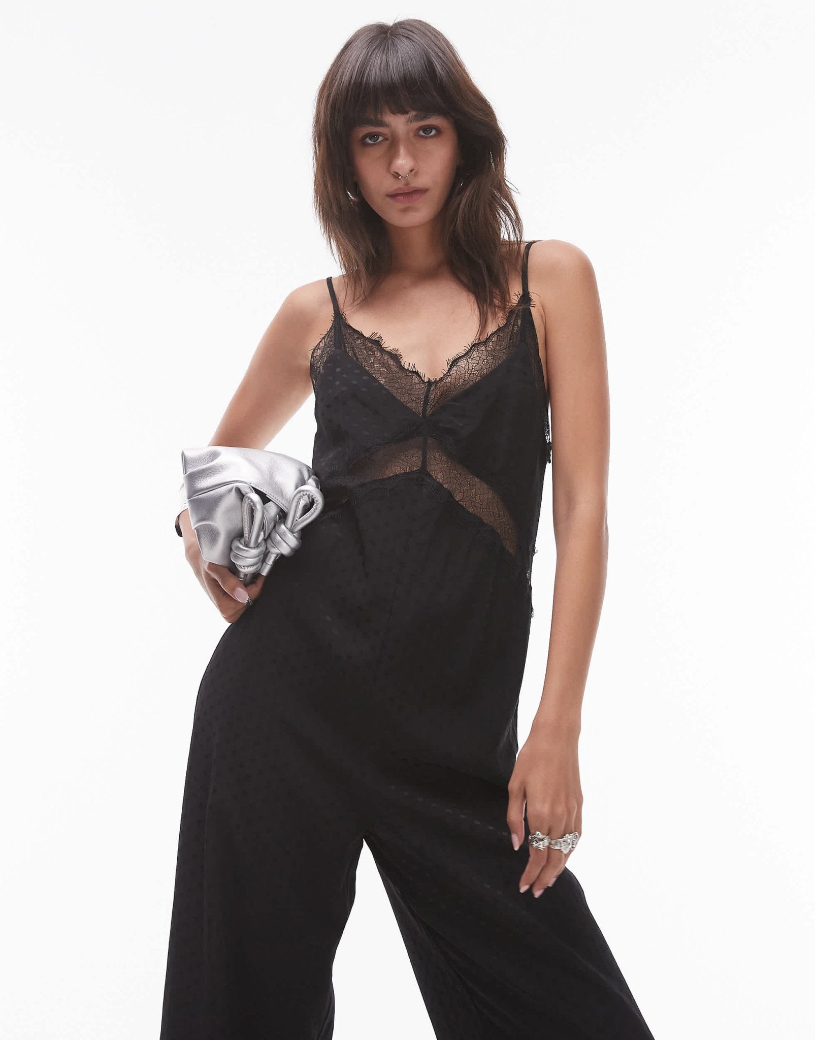 Topshop midi jacquard jumpsuit with lace bust in black - ASOS Sample Sale