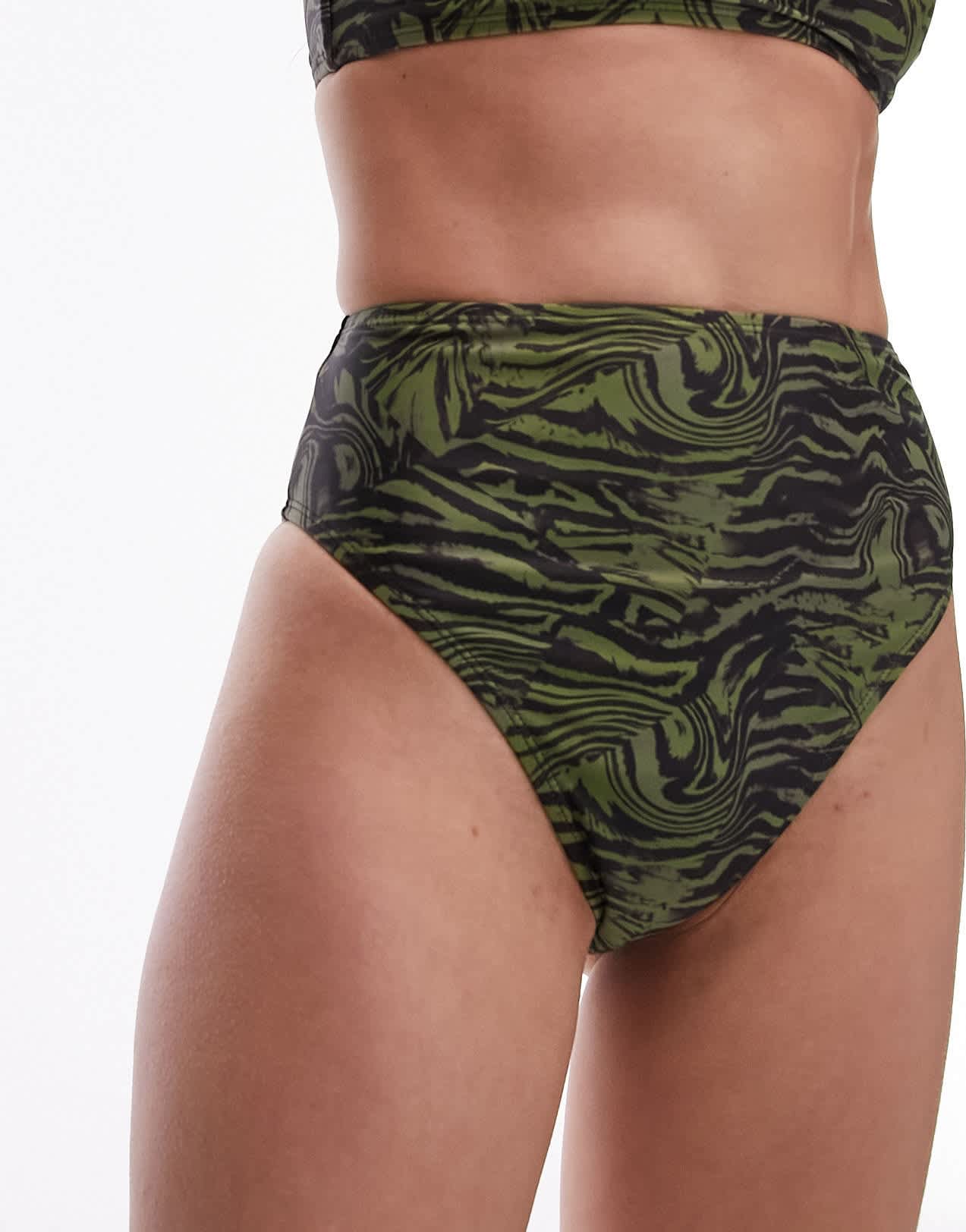 Topshop mix and match high waist high leg bikini bottoms in abstract khaki animal print - ASOS Sample Sale