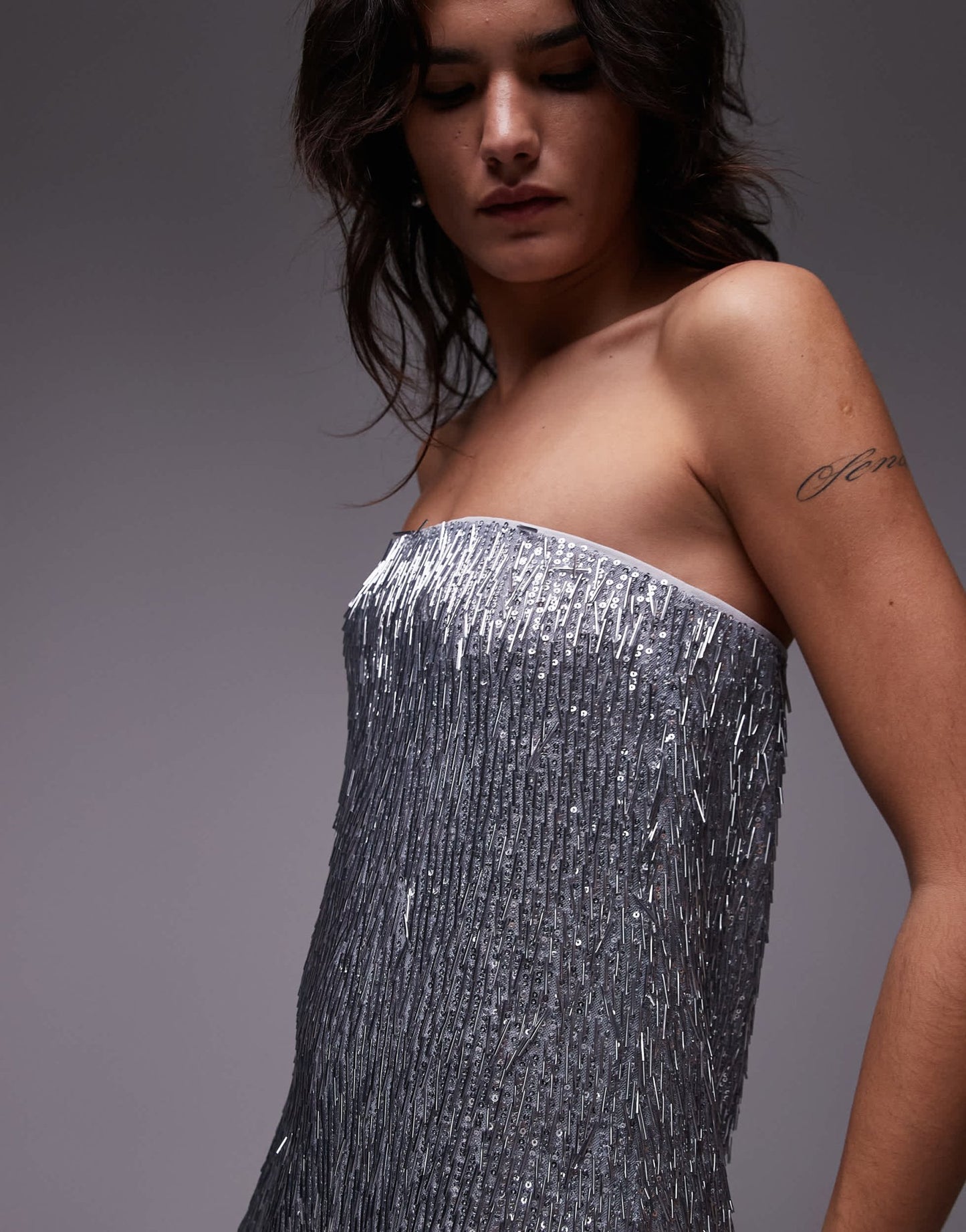 Topshop needle embellished bandeau maxi dress in silver - ASOS Sample Sale