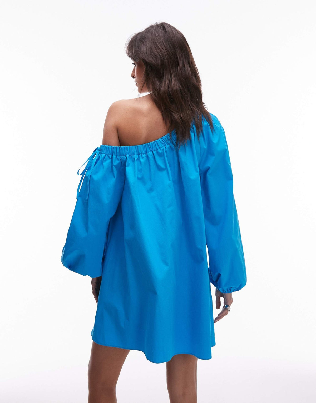 Topshop off shoulder trapeze poplin mini dress in turquoise - ASOS Sample Sale