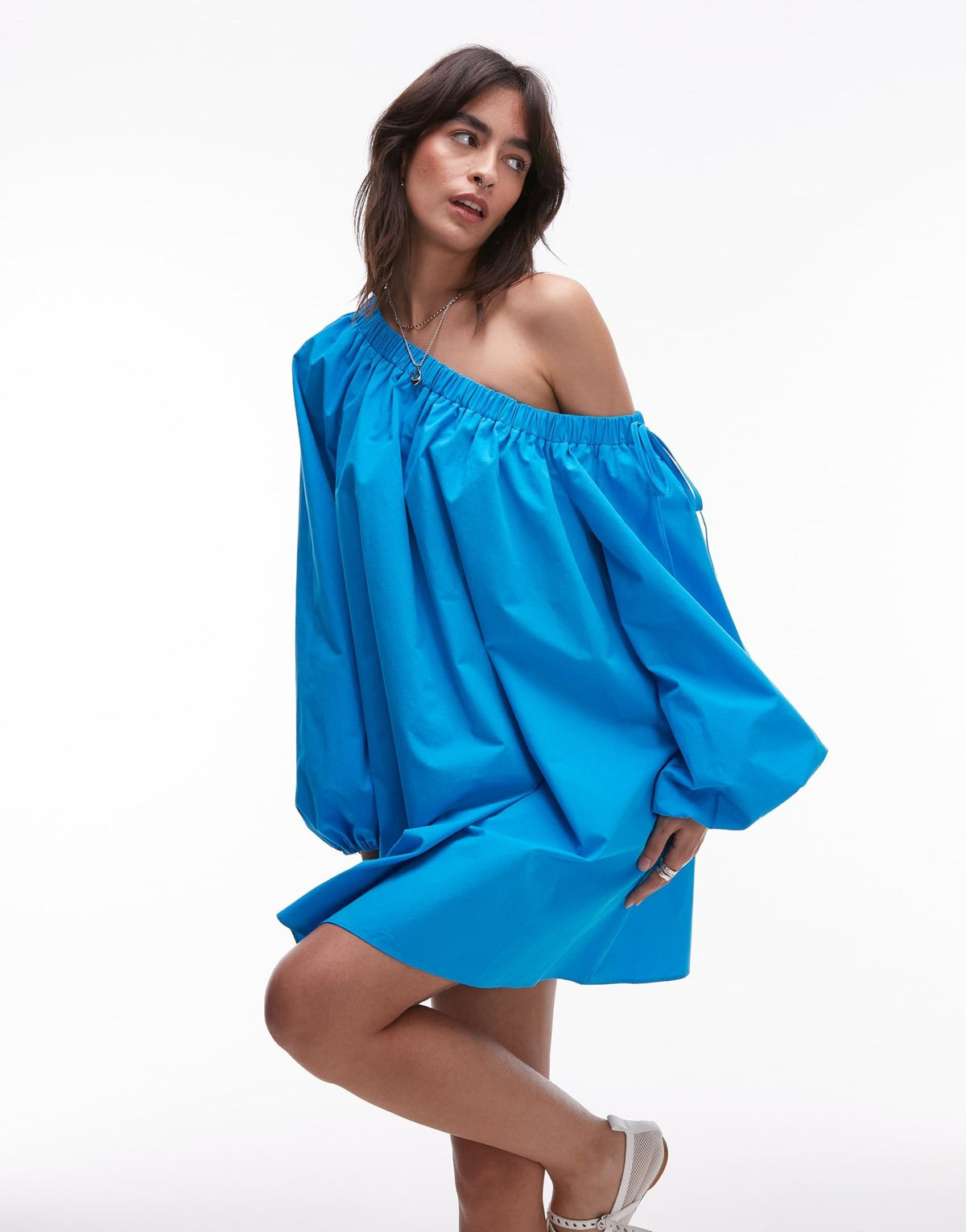Topshop off shoulder trapeze poplin mini dress in turquoise - ASOS Sample Sale