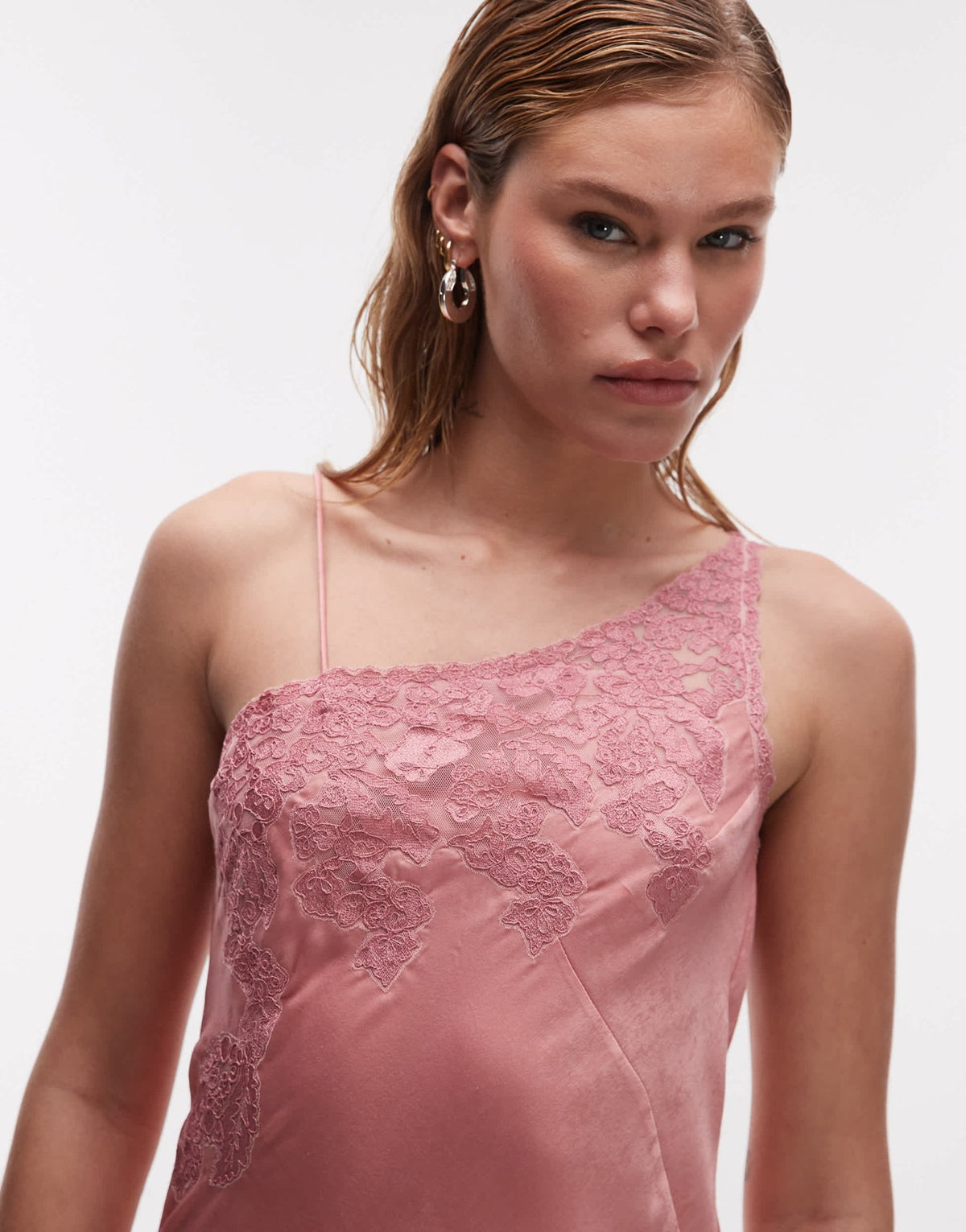Topshop one shoulder cutwork lace detail maxi dress in pink - ASOS Sample Sale