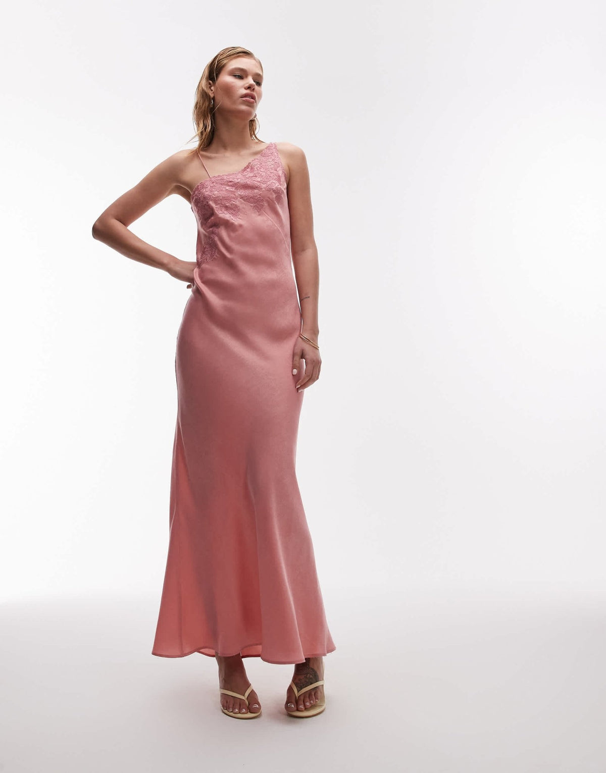 Topshop one shoulder cutwork lace detail maxi dress in pink - ASOS Sample Sale