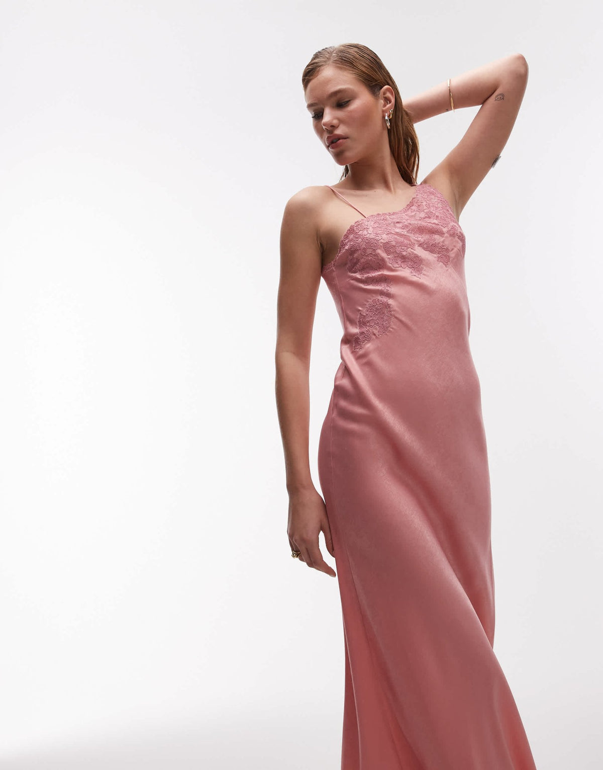 Topshop one shoulder cutwork lace detail maxi dress in pink - ASOS Sample Sale