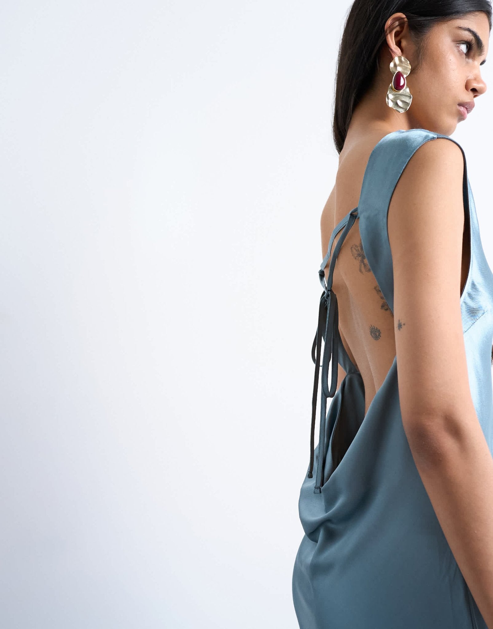 Topshop open back satin midi dress in slate - ASOS Sample Sale