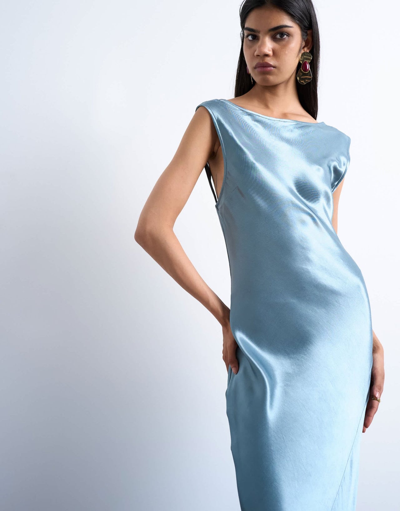 Topshop open back satin midi dress in slate - ASOS Sample Sale
