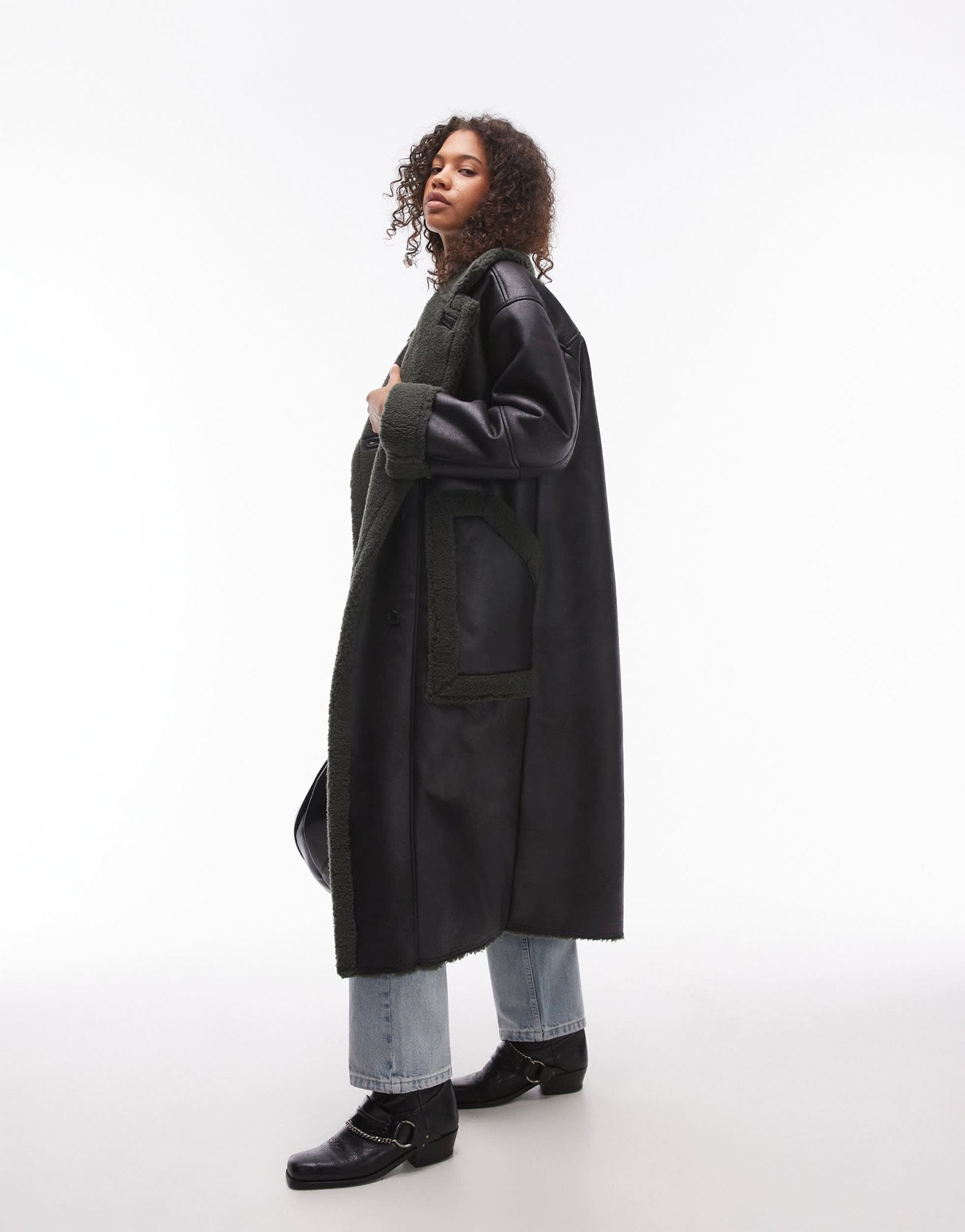 Topshop oversized long car coat in black and green - ASOS Sample Sale