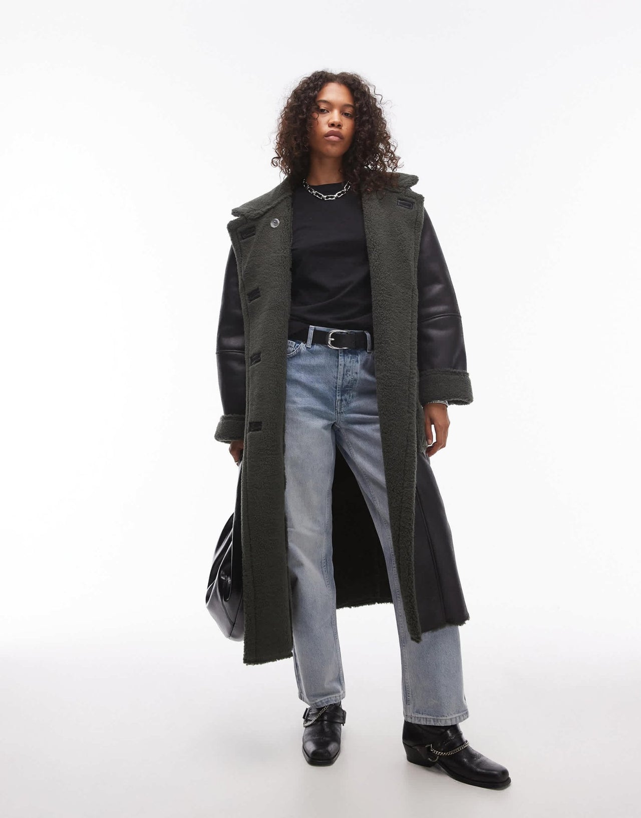 Topshop oversized long car coat in black and green - ASOS Sample Sale