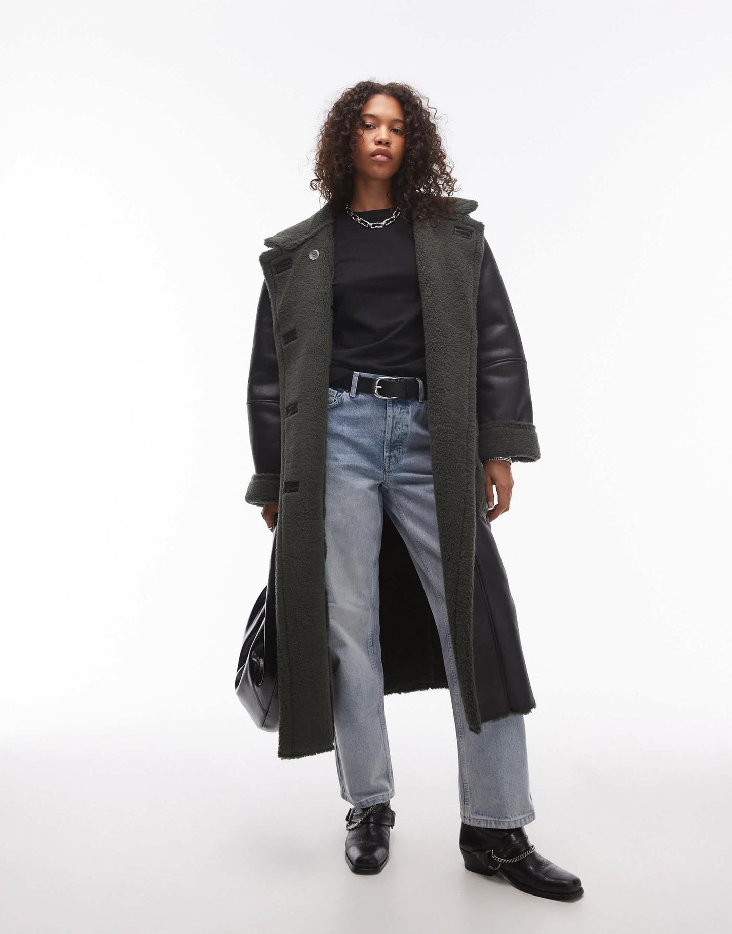 Topshop oversized long car coat in black and green - ASOS Sample Sale