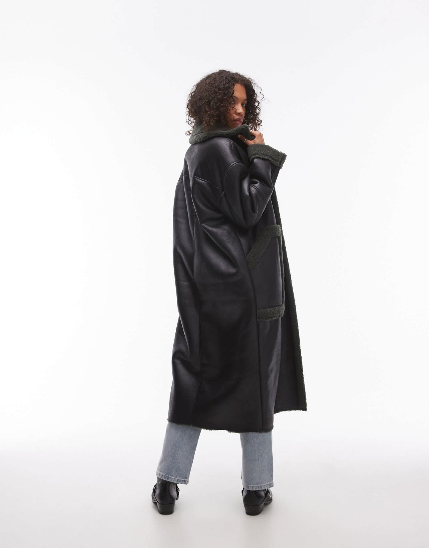 Topshop oversized long car coat in black and green - ASOS Sample Sale