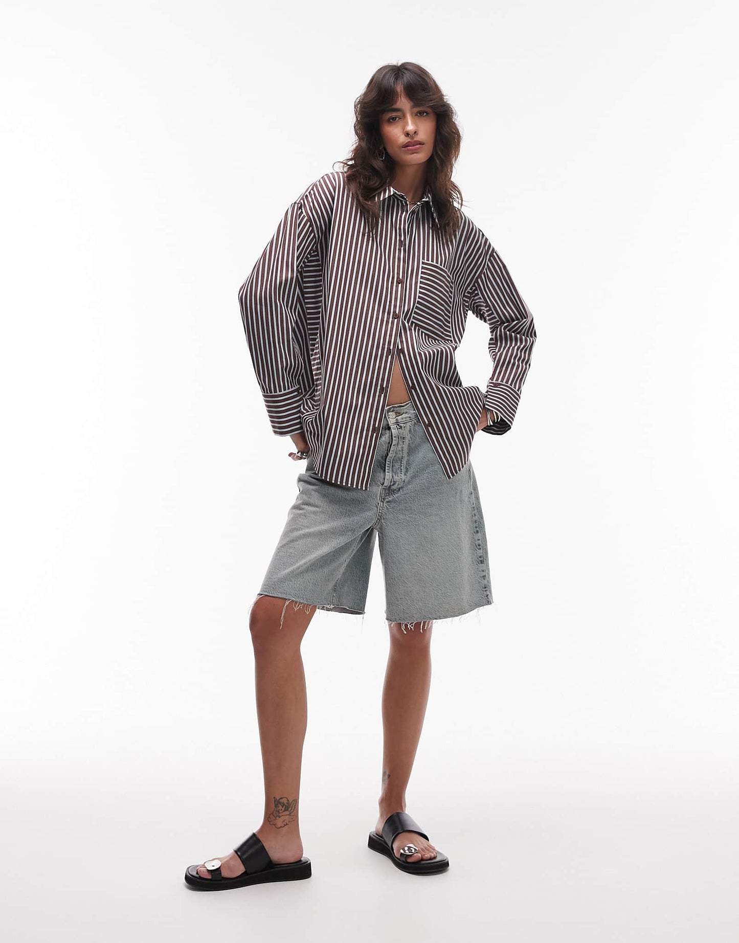 Topshop oversized shirt in brown and blue stripe - ASOS Sample Sale