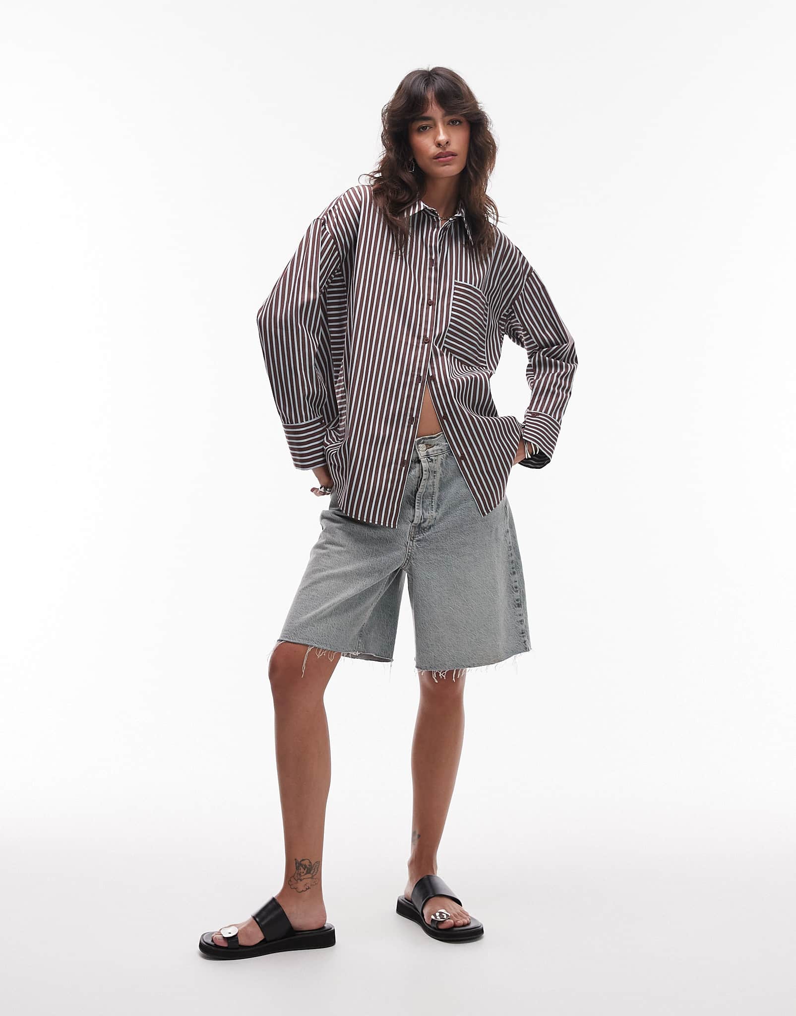 Topshop oversized shirt in brown and blue stripe - ASOS Sample Sale