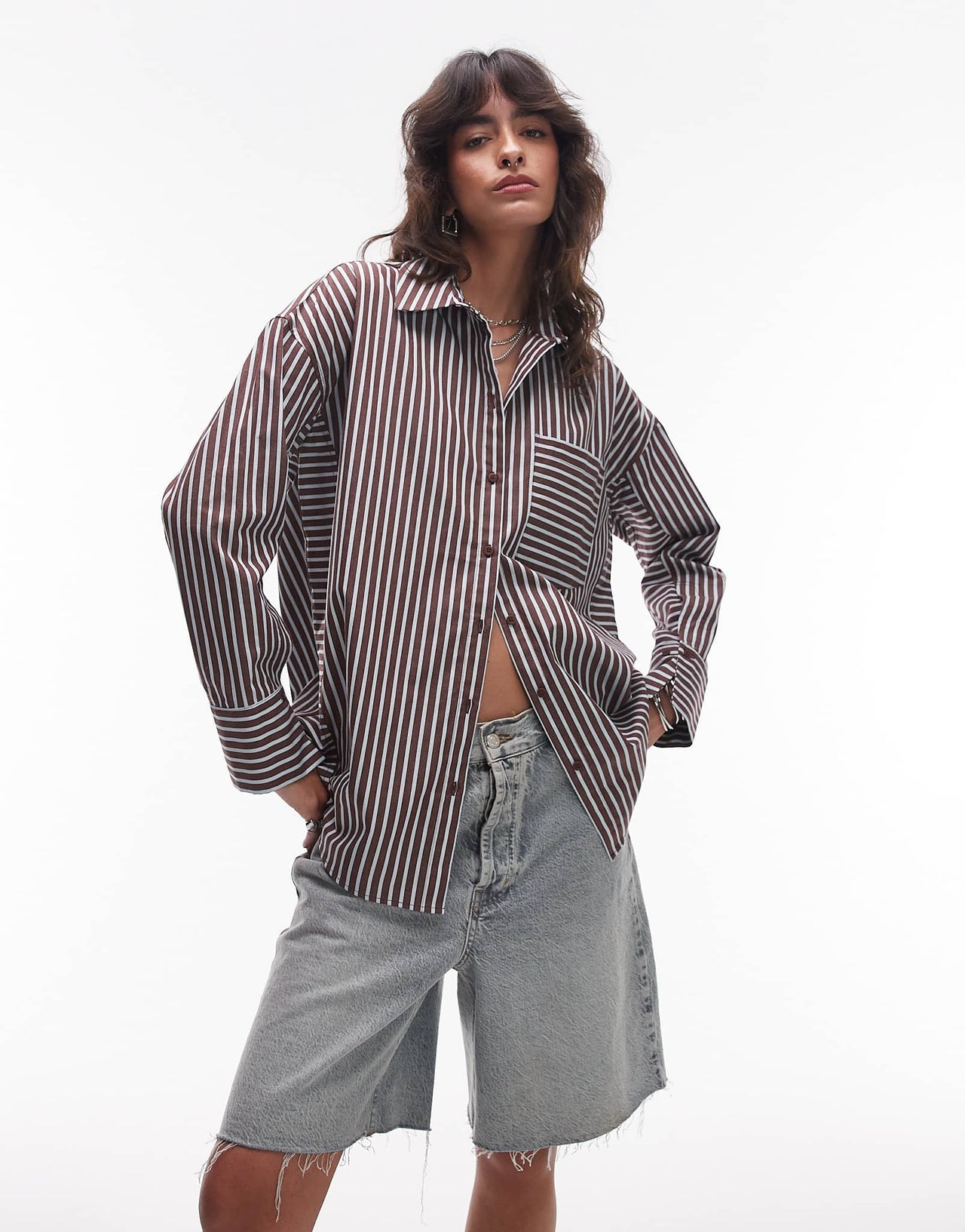 Topshop oversized shirt in brown and blue stripe - ASOS Sample Sale
