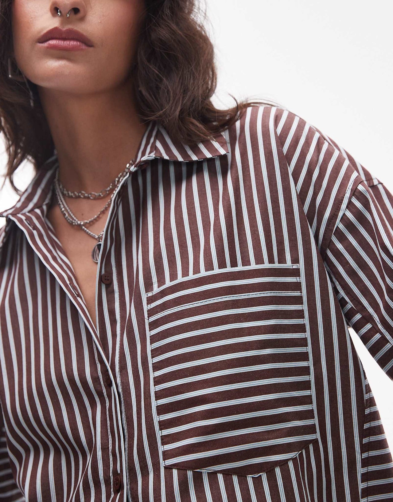 Topshop oversized shirt in brown and blue stripe - ASOS Sample Sale