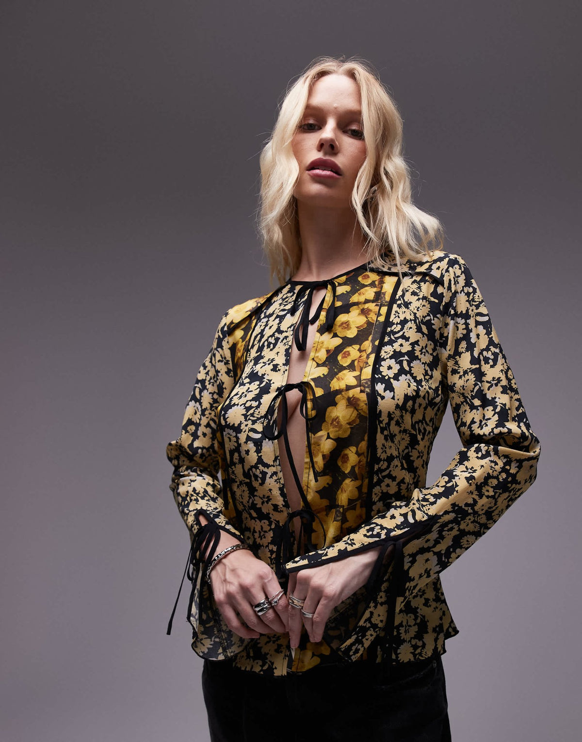 Topshop patchwork scarf print tie front bed jacket in yellow floral print - ASOS Sample Sale