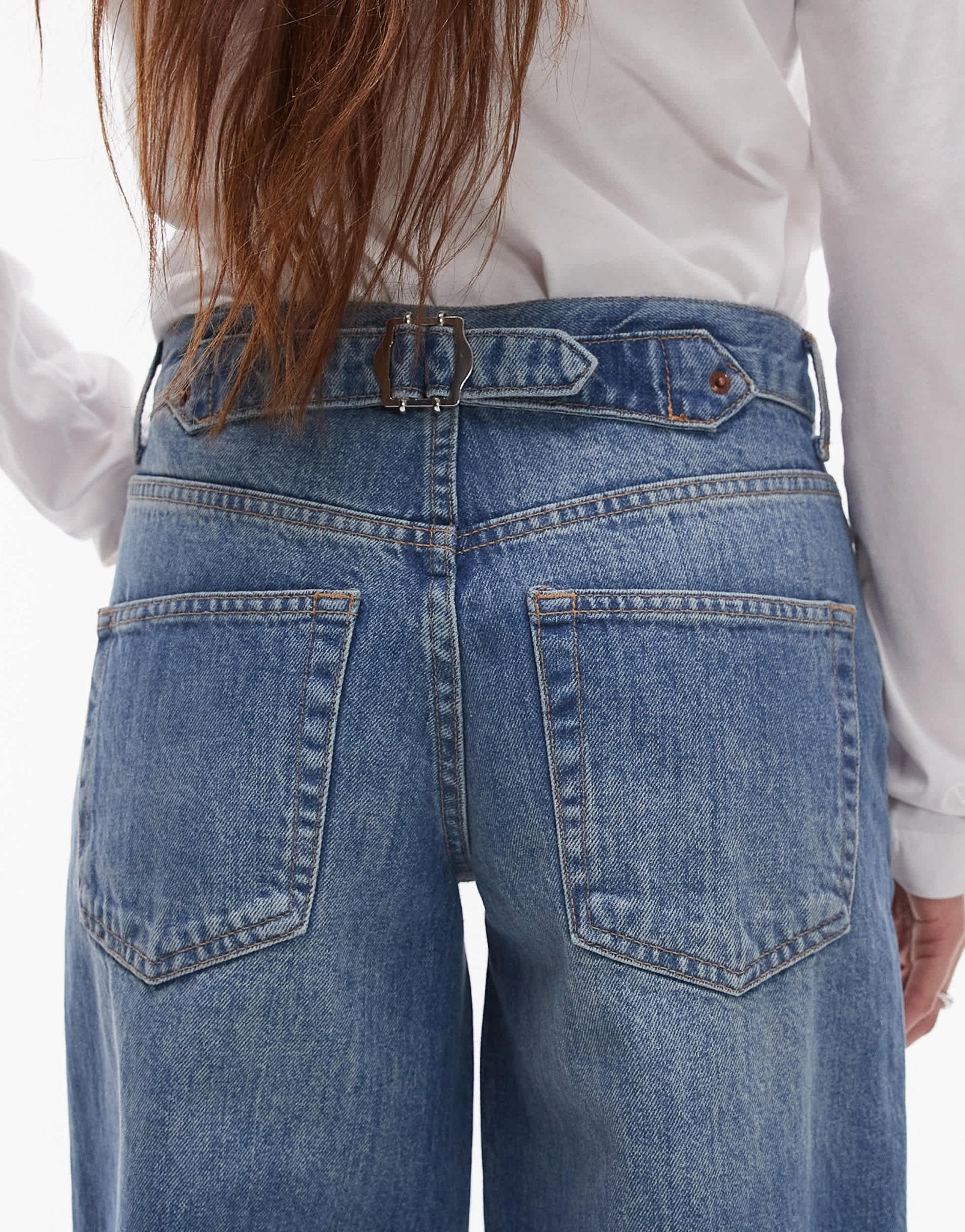 Topshop Petite Cinch low rise relaxed jean in vintage blue - ASOS Sample Sale