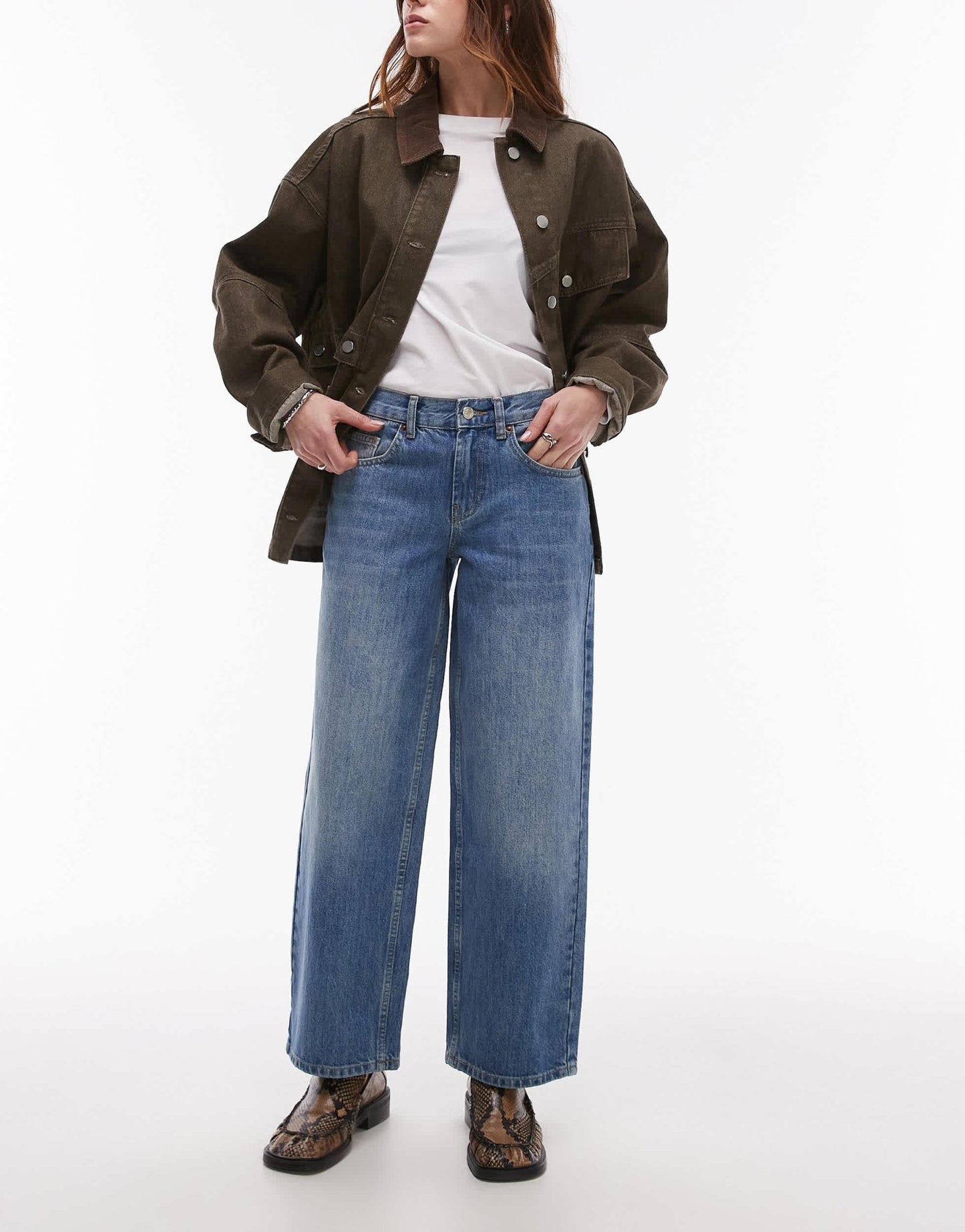 Topshop Petite Cinch low rise relaxed jean in vintage blue - ASOS Sample Sale