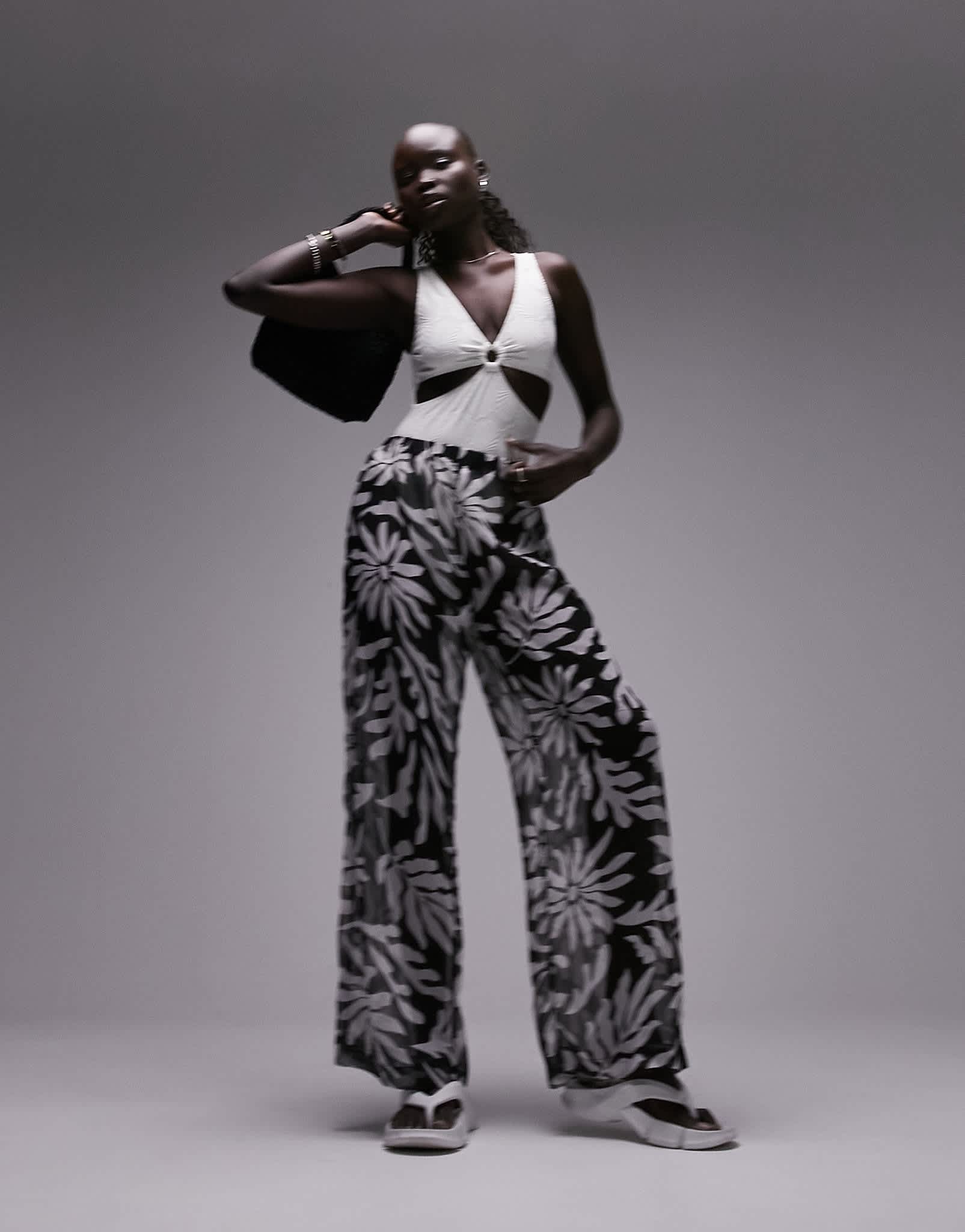 Topshop Petite co - ord chiffon abstract floral trouser in monochrome - ASOS Sample Sale