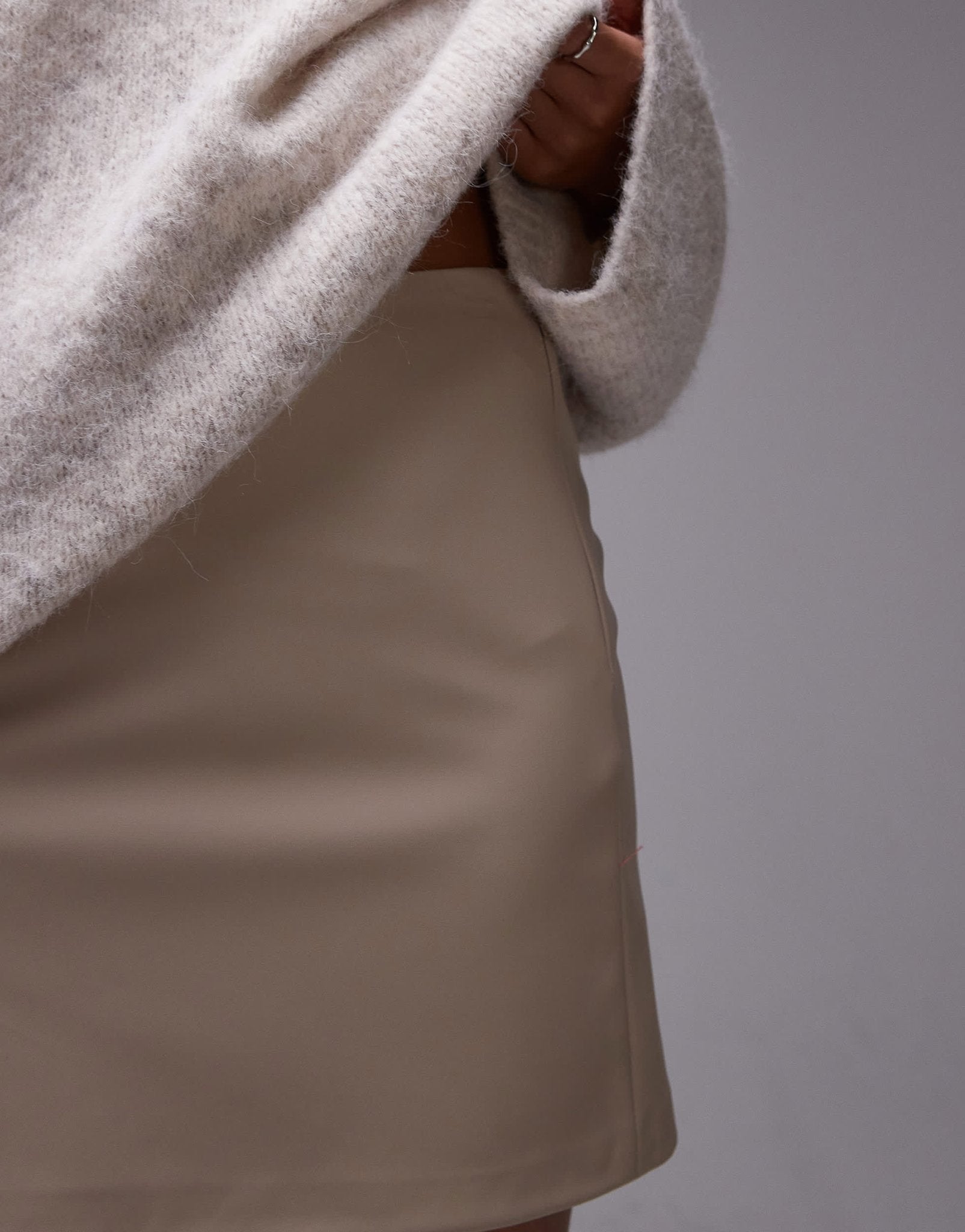 Topshop Petite faux leather step hem mini skirt in fawn - ASOS Sample Sale