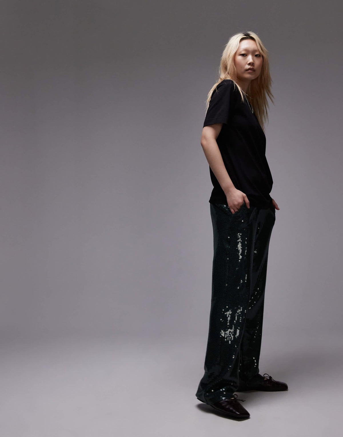 Topshop Petite sequin tailored trouser in green - ASOS Sample Sale