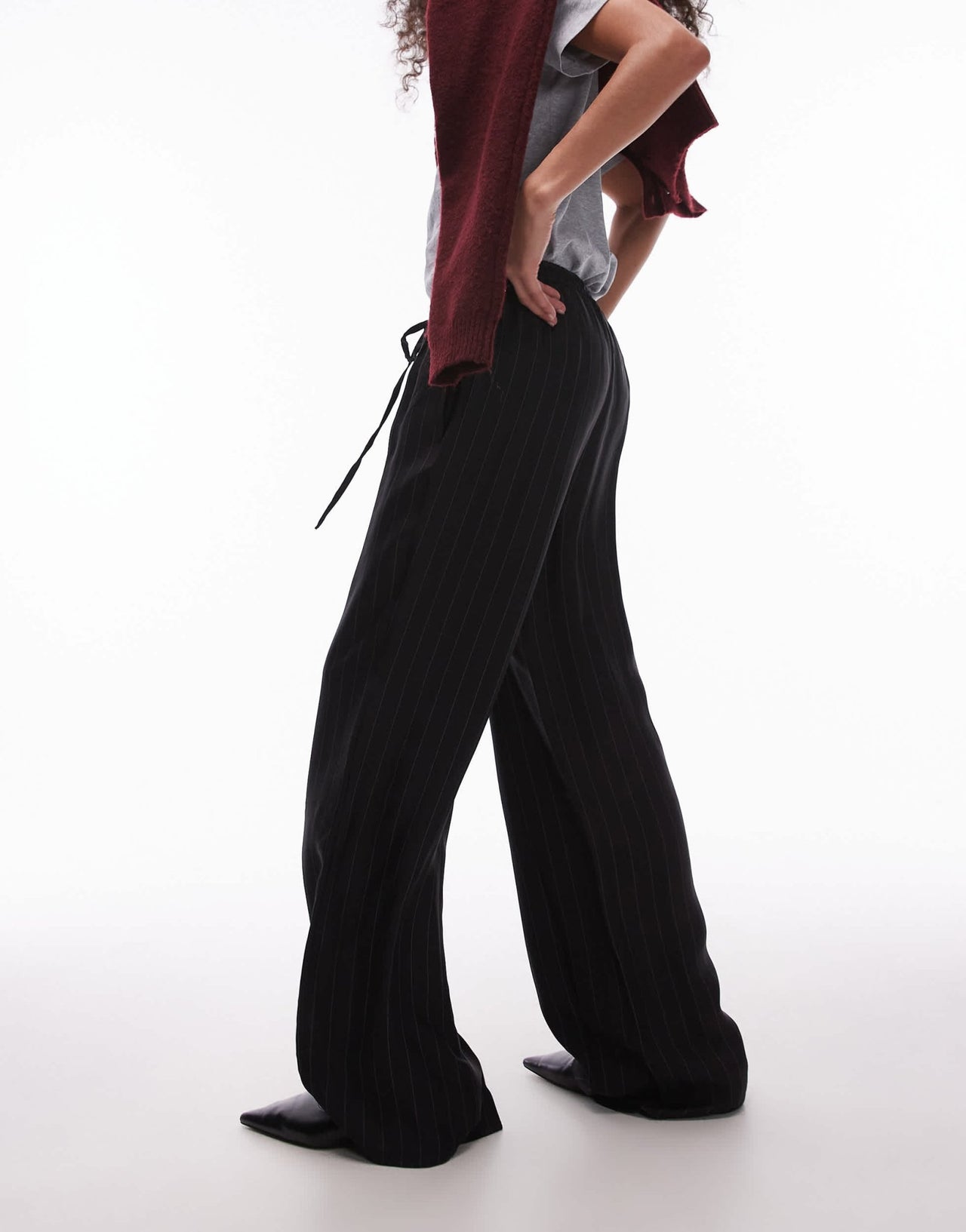 Topshop pinstripe drawcord satin trouser in black - ASOS Sample Sale