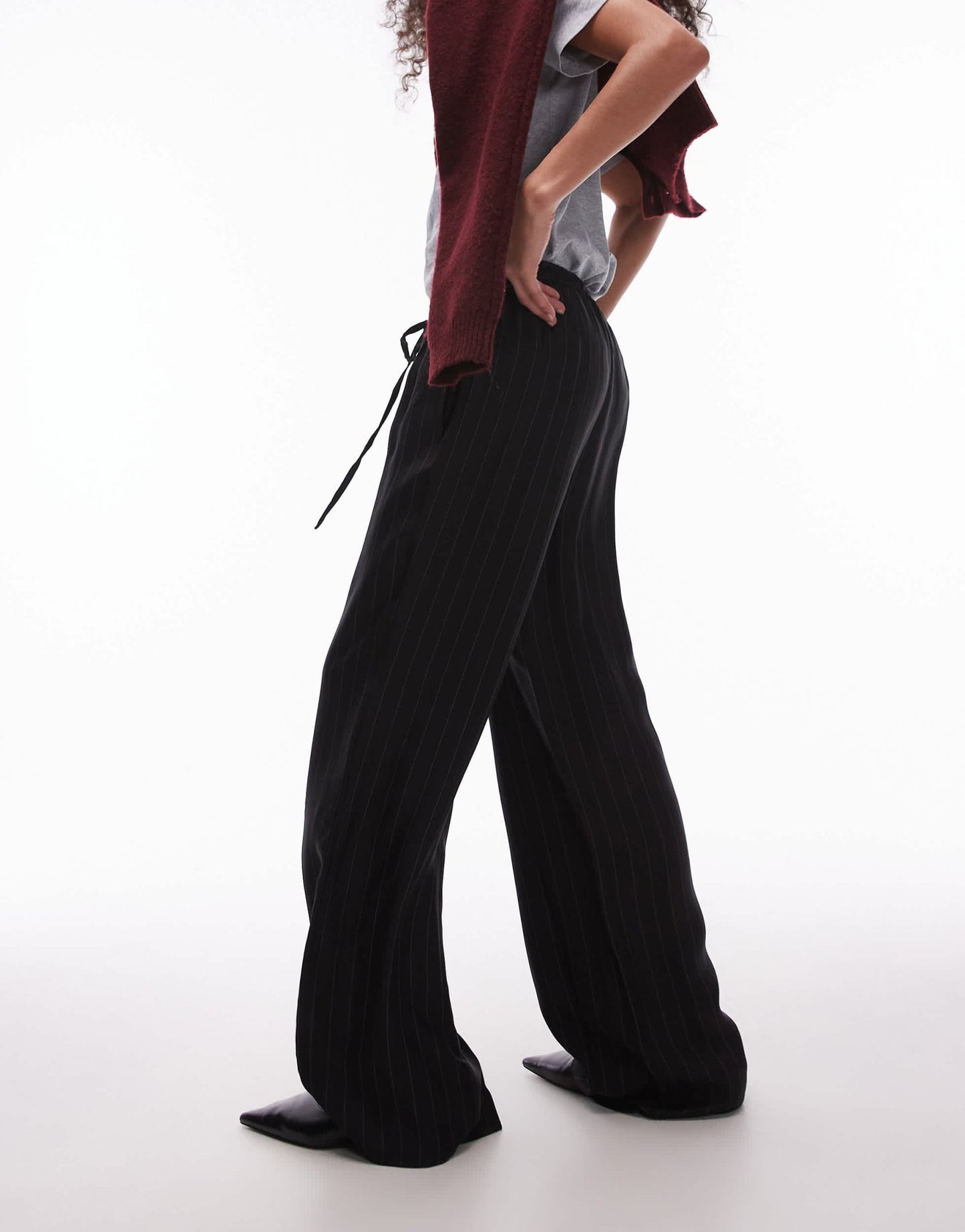 Topshop pinstripe drawcord satin trouser in black - ASOS Sample Sale